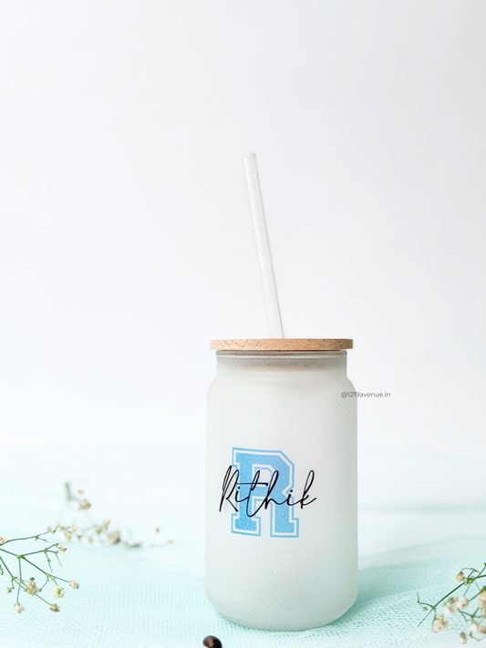 Personalized Varsity Initial Name Frosted Can Sipper 500ml| Coffee Glass Tumbler with straw and lid 22oz