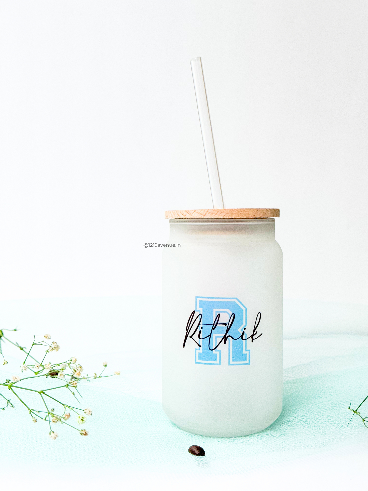 Personalized Varsity Initial Name Frosted Can Sipper 500ml| Coffee Glass Tumbler with straw and lid 22oz