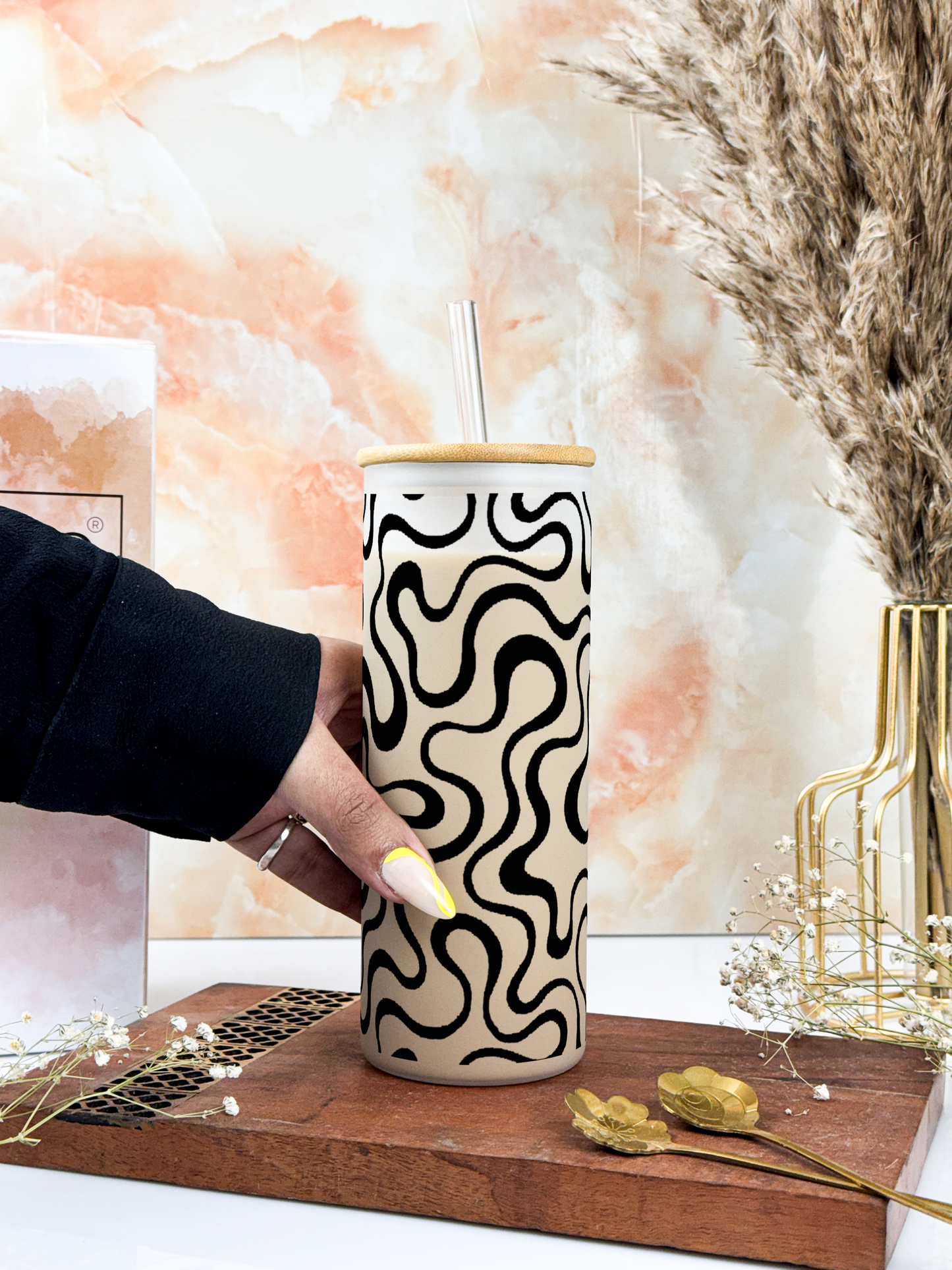 Frosted Grande Sipper 650ml| Aesthetic Swirls Print| 20oz Tall Tumbler with Straw and Lid