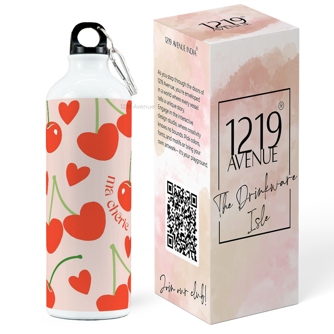 750ml Hooked-Up Water Bottle |Cherries All Over Print | Leak Proof | Printed Bottle with Carry Hook, Durable & Stylish