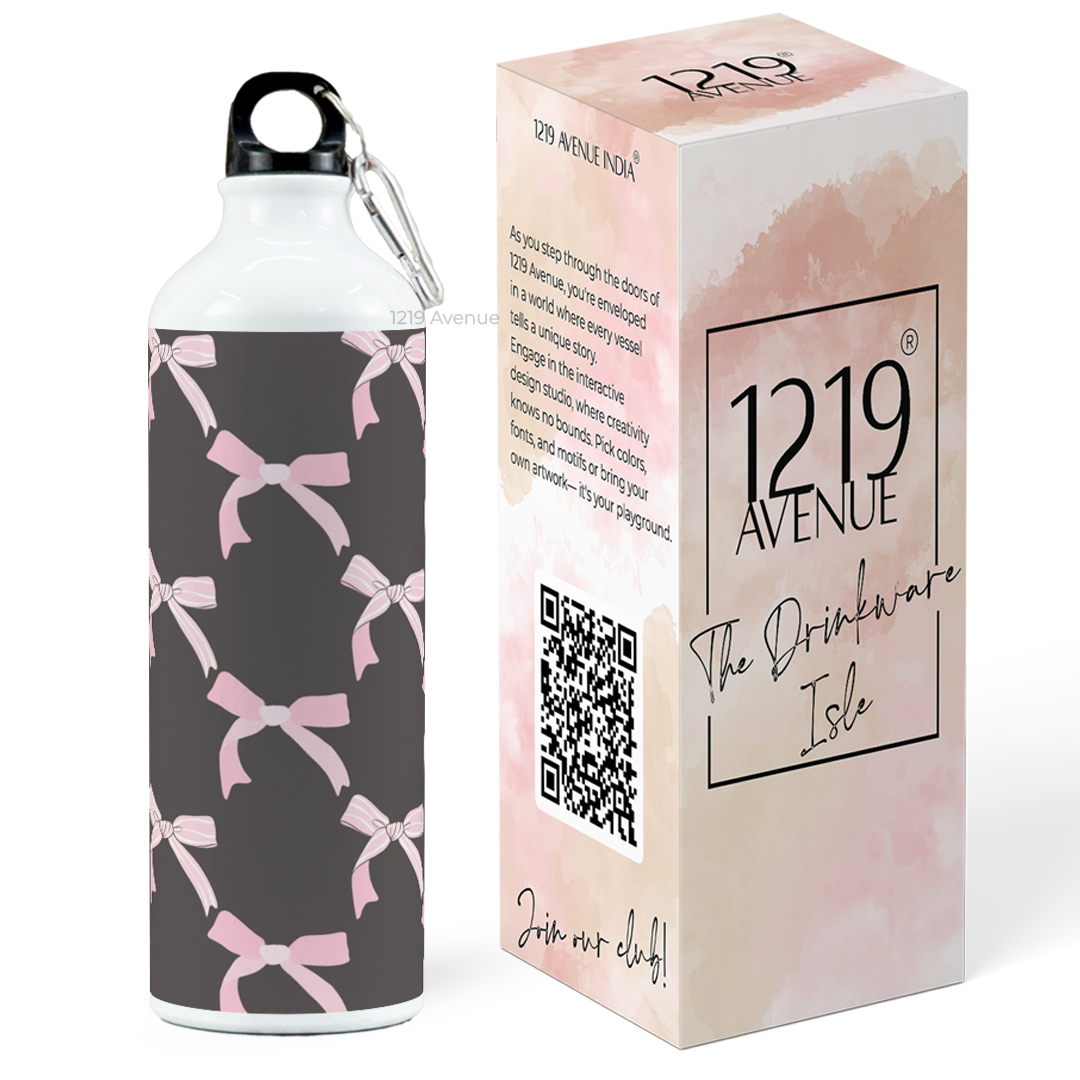 750ml Hooked-Up Water Bottle | Black-Bow Beauty Print | Leak Proof | Printed Bottle with Carry Hook, Durable & Stylish