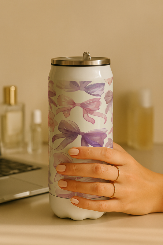 Ivora Metal Can Sipper 450 ML| Metal Cans 450 ML |Lavender Bow Charm Print | Double Walled Hot And Cold Tumbler