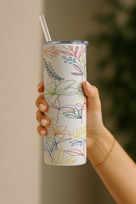 Colossal Tumbler 700ML with Straw| Floral Line Art Print |Double Walled Insulated Tumbler 7-8 hrs