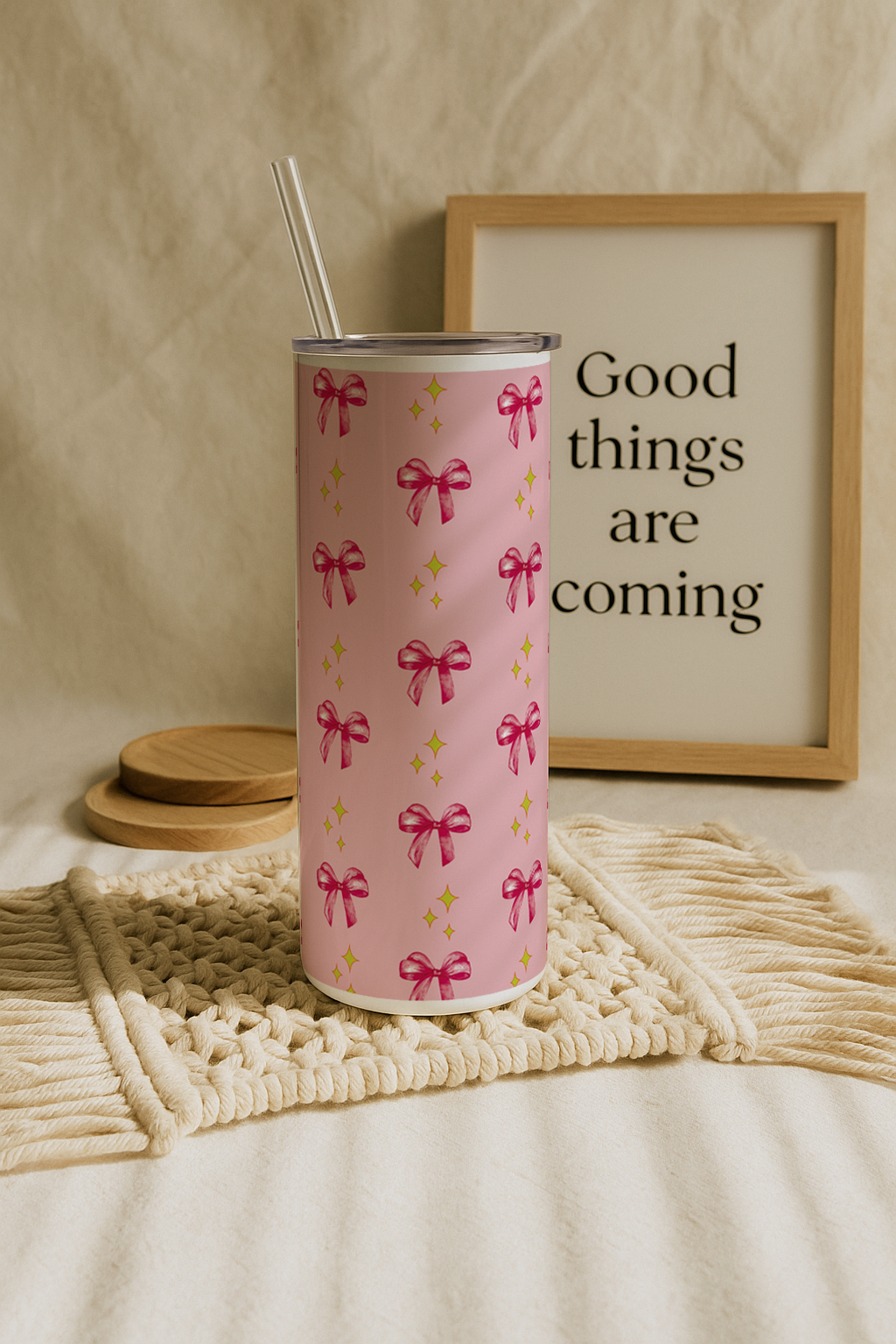 Colossal Tumbler 700ML with Straw| Sparkles And Bows All Over Print |Double Walled Insulated Tumbler 7-8 hrs