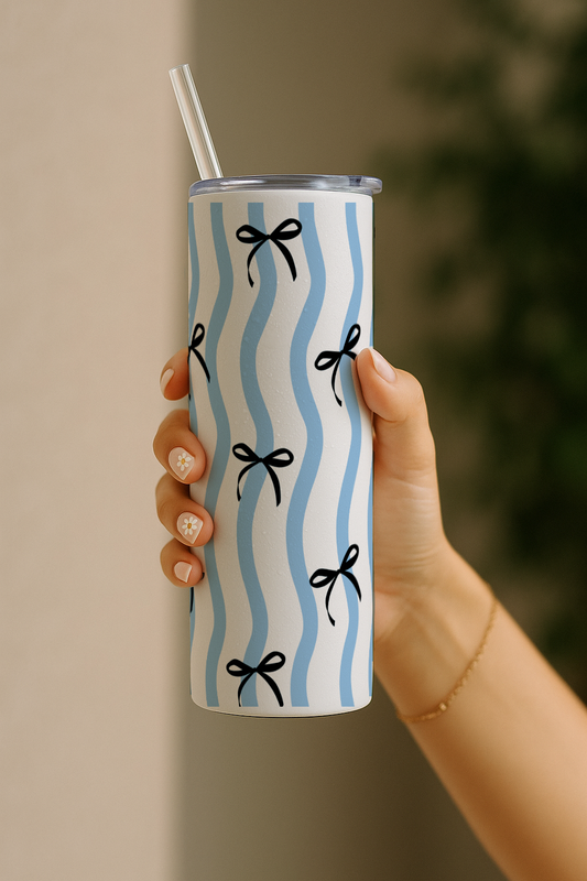 Colossal Tumbler 700ML with Straw| Stripey Bows Print |Double Walled Insulated Tumbler 7-8 hrs