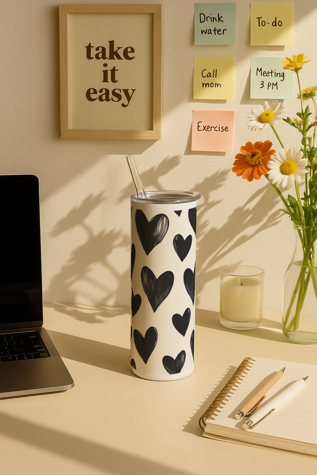 Colossal Tumbler 700ML with Straw | Bouji Black Hearts Print |Double Walled Insulated Tumbler 7-8 hrs