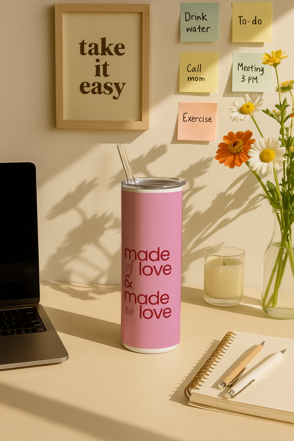 Colossal Tumbler 700ML with Straw | Made of Love Print |Double Walled Insulated Tumbler 7-8 hrs