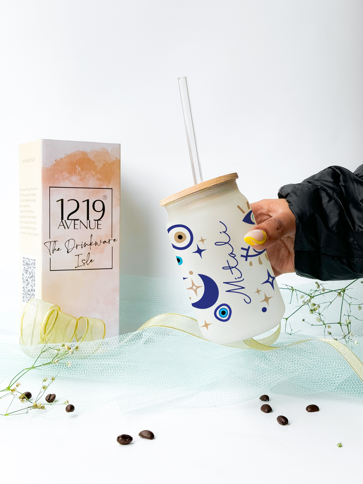 Personalized Frosted Can Sipper 500ml|Evil Eye Name | Coffee Glass Tumbler with straw and lid 22oz
