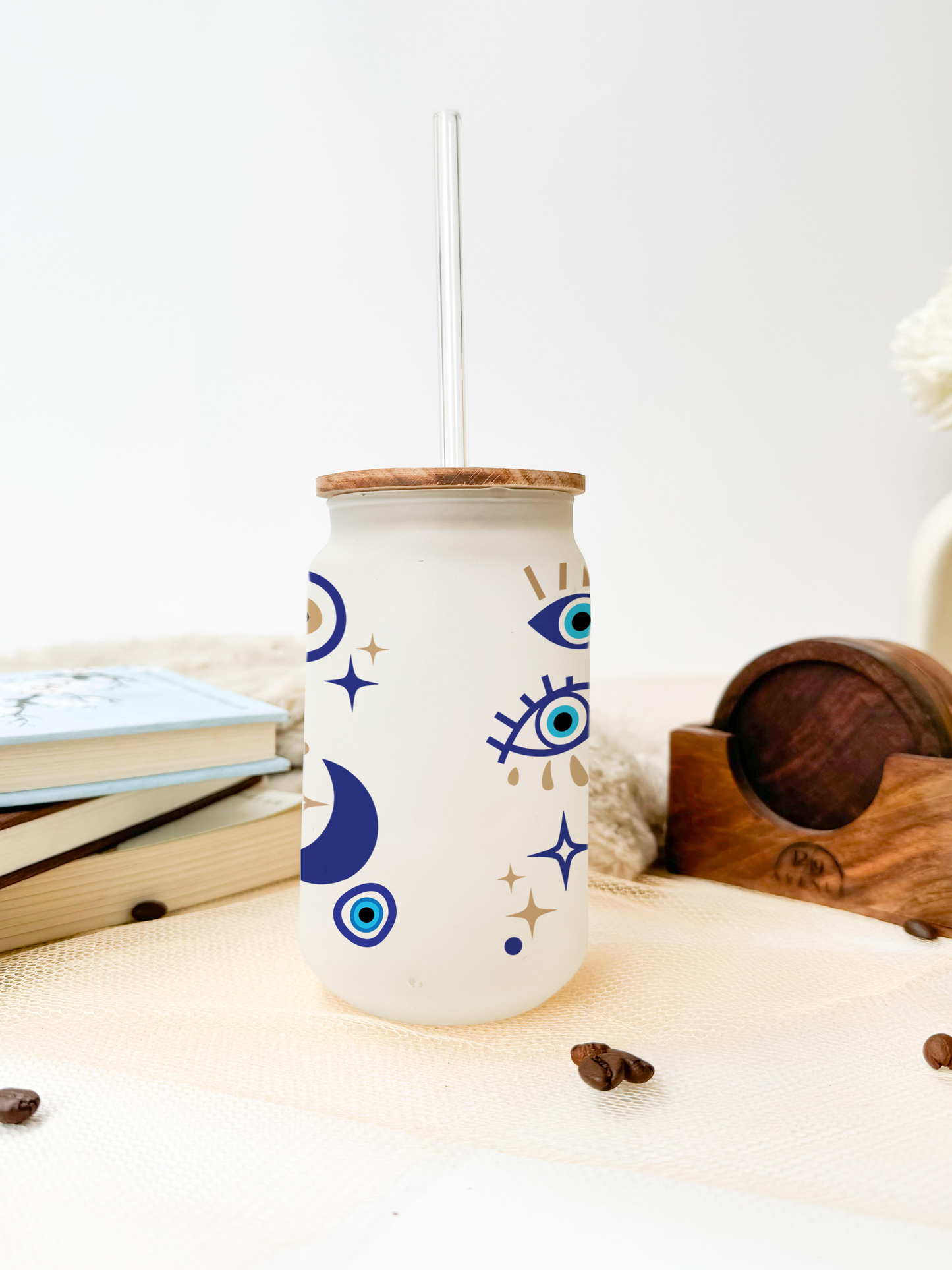 Personalized Frosted Can Sipper 500ml|Evil Eye Name | Coffee Glass Tumbler with straw and lid 22oz