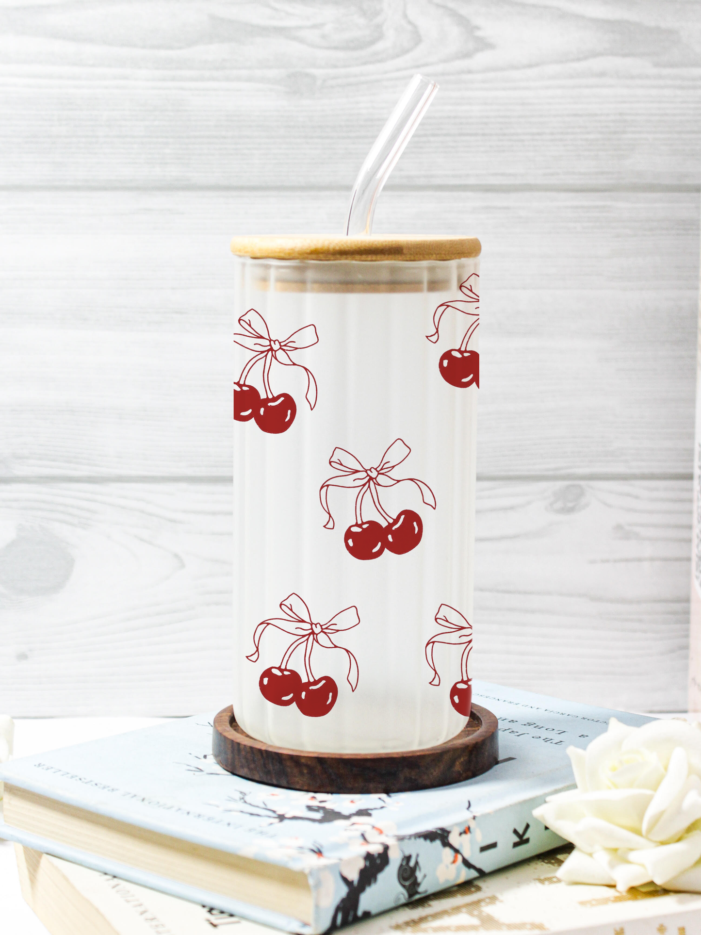 Frosted Ripple Taille Sipper 500ml| Cherry on Top Print | 18oz Ripple Frosted Glass Tumbler with lid and straw
