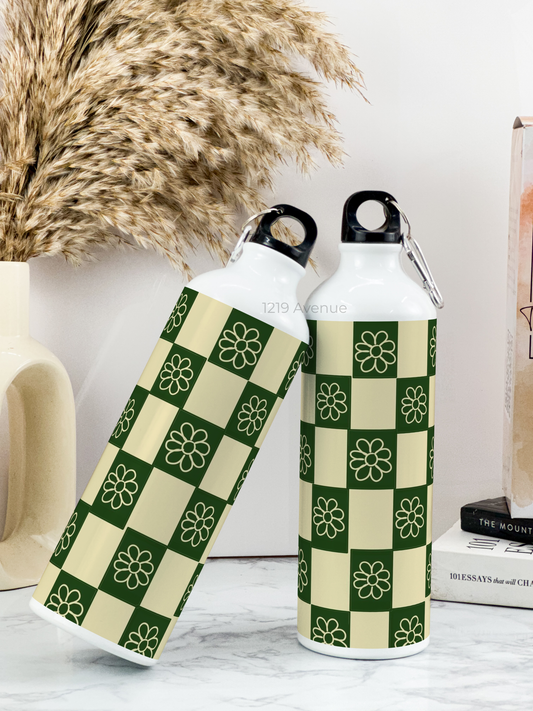 750ml Hooked-Up Water Bottle | Green Flower Checks Print | Leak Proof | Printed Bottle with Carry Hook, Durable & Stylish