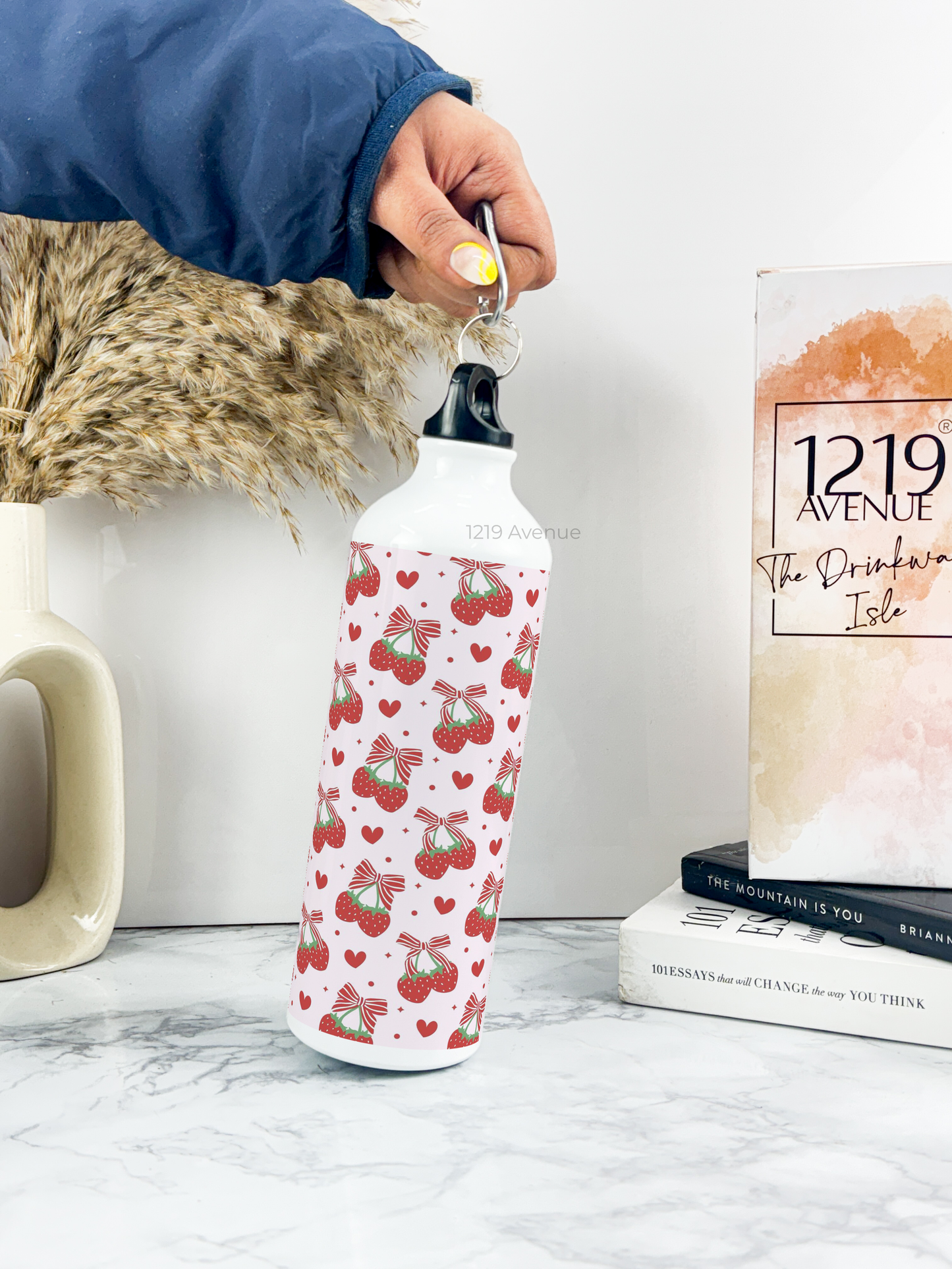 750ml Hooked-Up Water Bottle |Strawberry Burst Print | Leak Proof | Printed Bottle with Carry Hook, Durable & Stylish