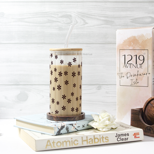 Frosted Ripple Taille Sipper 500ml| Floral Stamp | 18oz Ripple Frosted Glass Tumbler with lid and straw