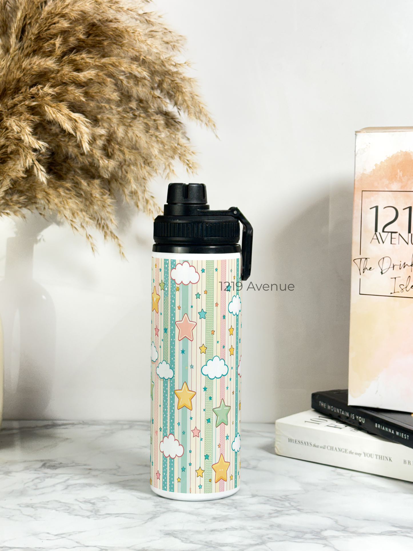 700ml Printed TANK-Sip Water Bottle | Abstract Clouds Star Print | For Office, School, Sports | Sipper Bottle with Carry Hook, Durable & Stylish