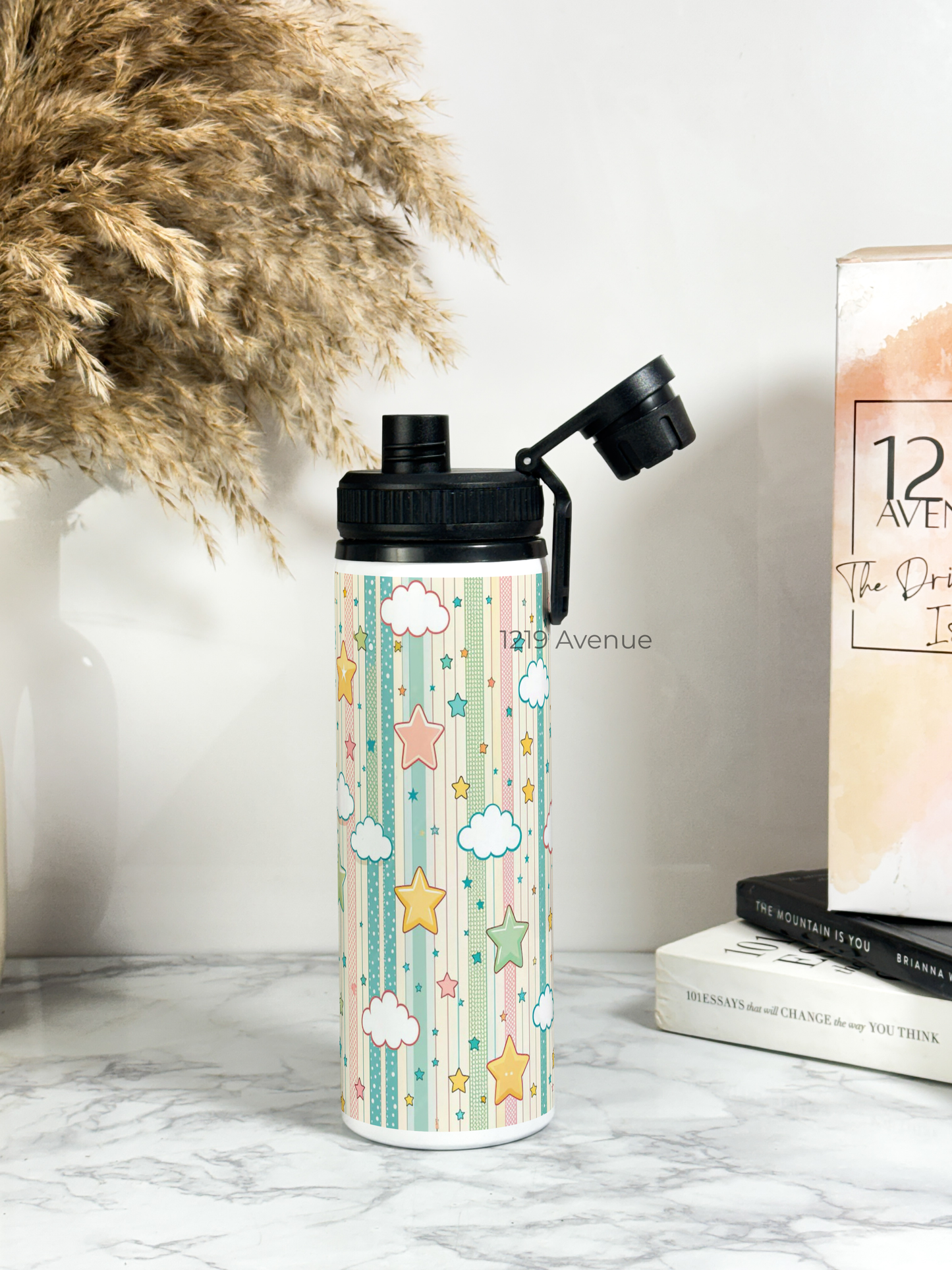 700ml Printed TANK-Sip Water Bottle | Abstract Clouds Star Print | For Office, School, Sports | Sipper Bottle with Carry Hook, Durable & Stylish