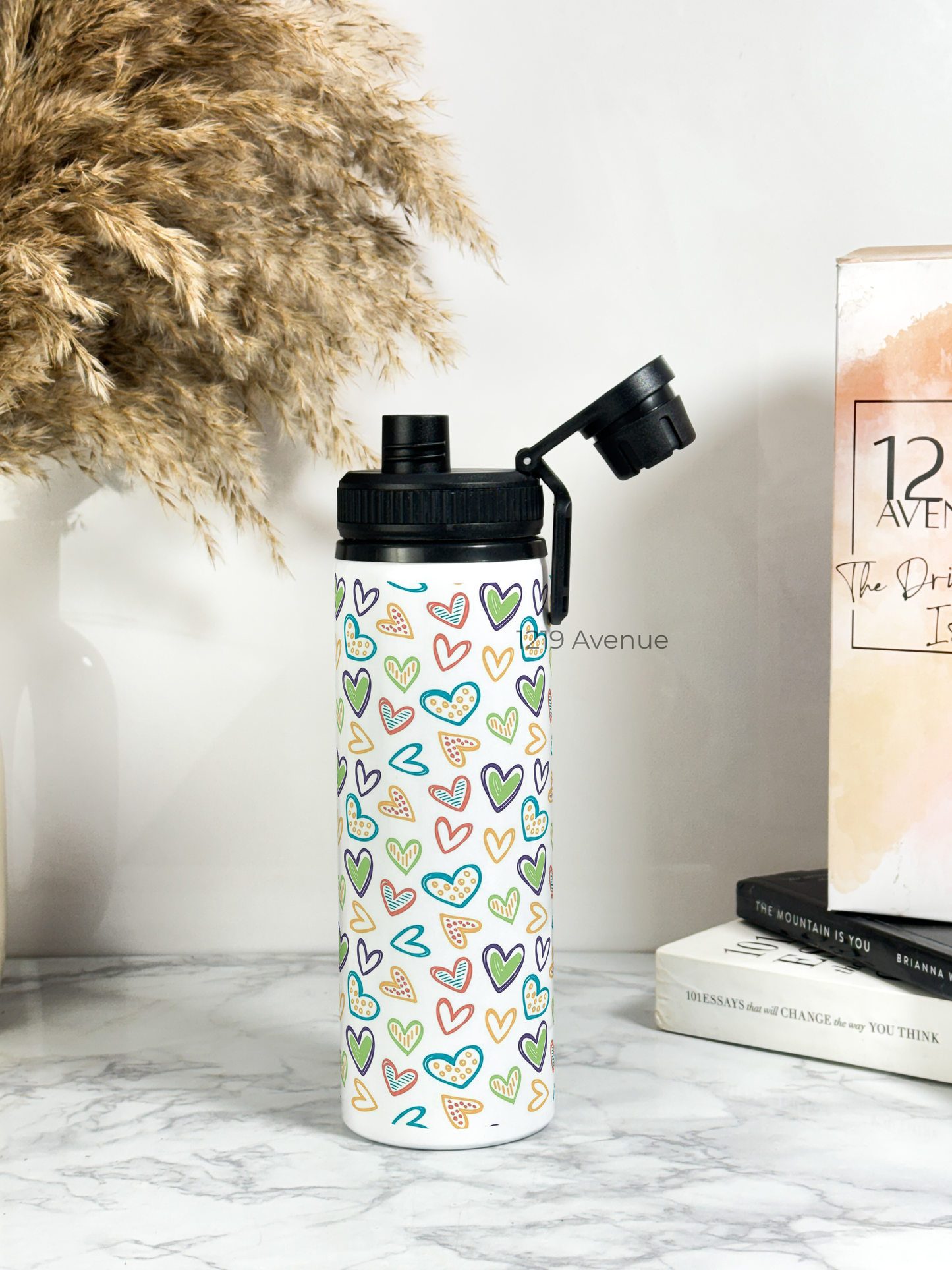 700ml Printed TANK-Sip Water Bottle | Colored Hearts Print | For Office, School, Sports | Sipper Bottle with Carry Hook, Durable & Stylish
