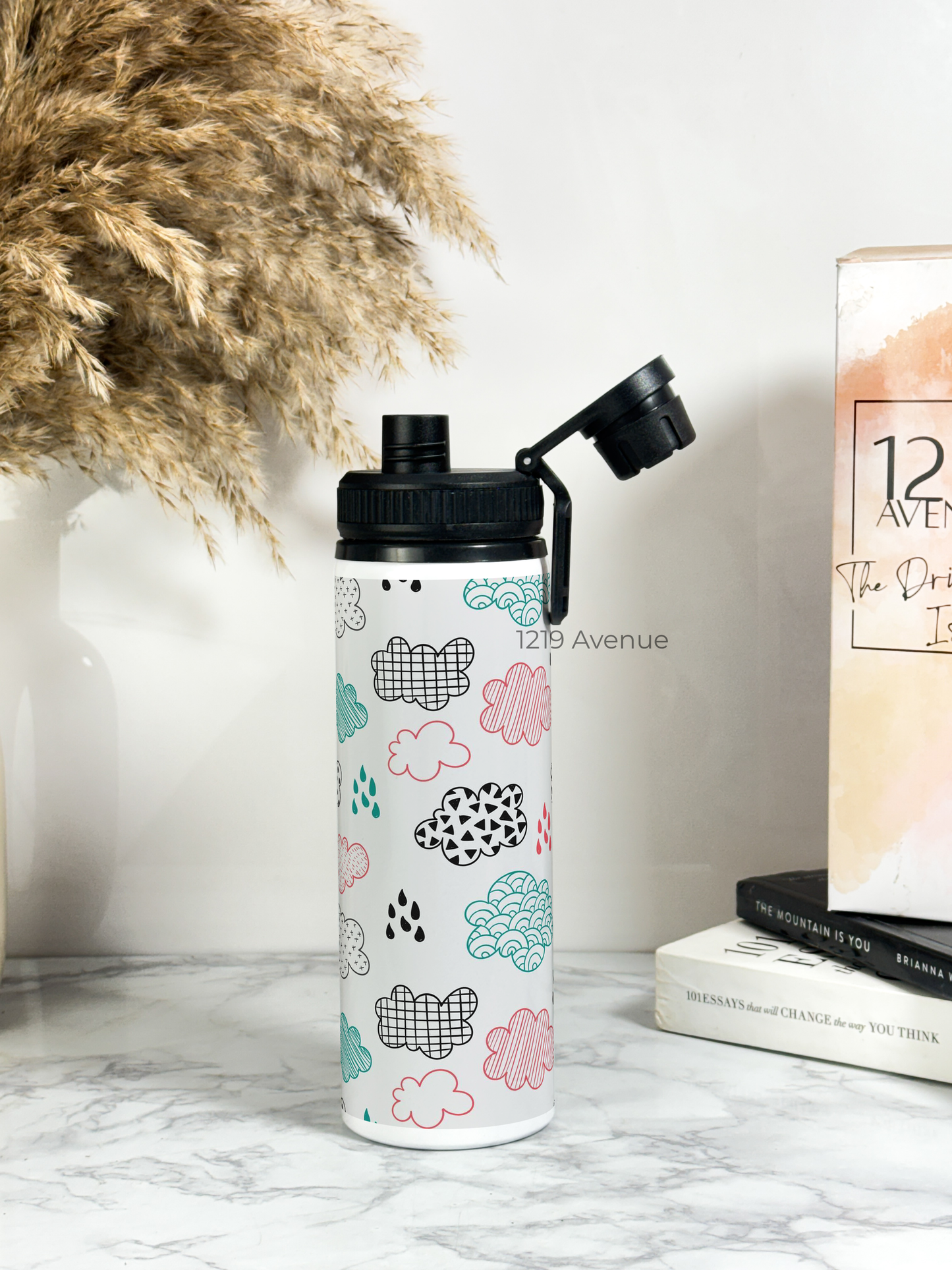 700ml Printed TANK-Sip Water Bottle | Clouds Sketch Print | For Office, School, Sports | Sipper Bottle with Carry Hook, Durable & Stylish