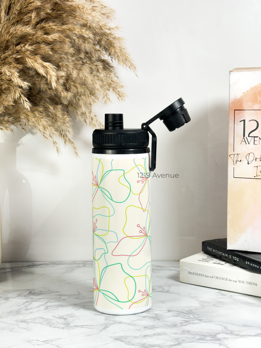 Tank-Sip Bottle 750ml | Flower Sketch Print | Leak Proof | Printed Bottle with Carry Hook, Durable & Stylish