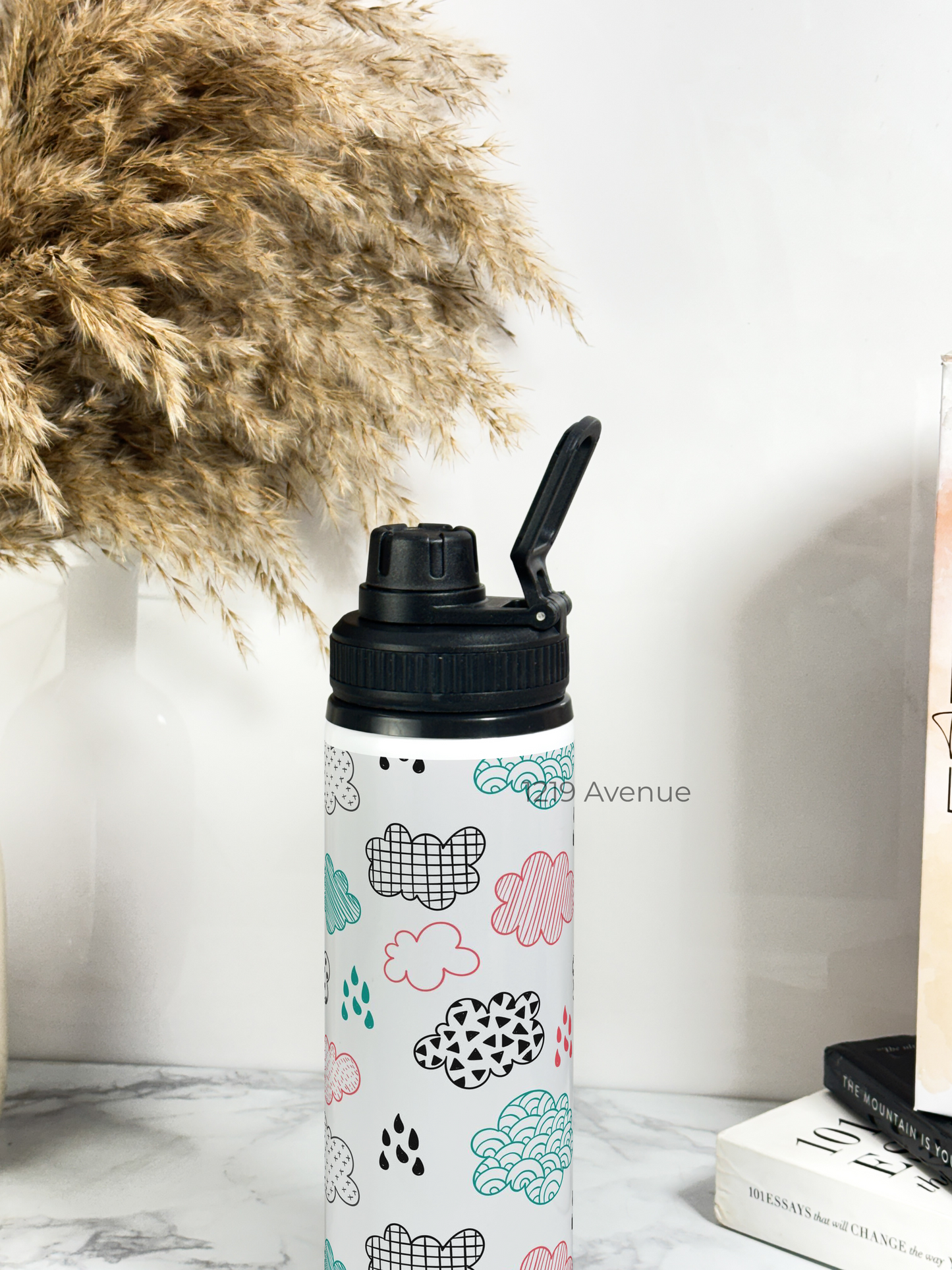 700ml Printed TANK-Sip Water Bottle | Clouds Sketch Print | For Office, School, Sports | Sipper Bottle with Carry Hook, Durable & Stylish