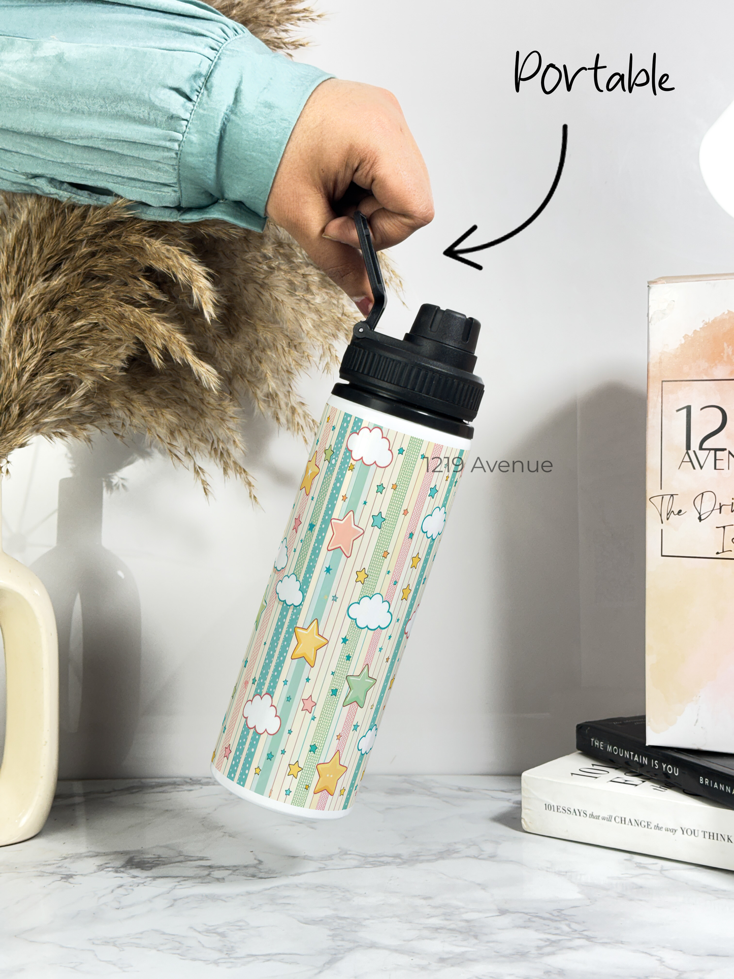 700ml Printed TANK-Sip Water Bottle | Abstract Clouds Star Print | For Office, School, Sports | Sipper Bottle with Carry Hook, Durable & Stylish