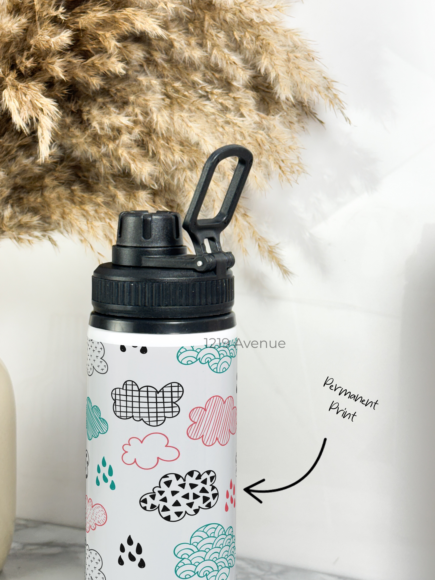 700ml Printed TANK-Sip Water Bottle | Clouds Sketch Print | For Office, School, Sports | Sipper Bottle with Carry Hook, Durable & Stylish