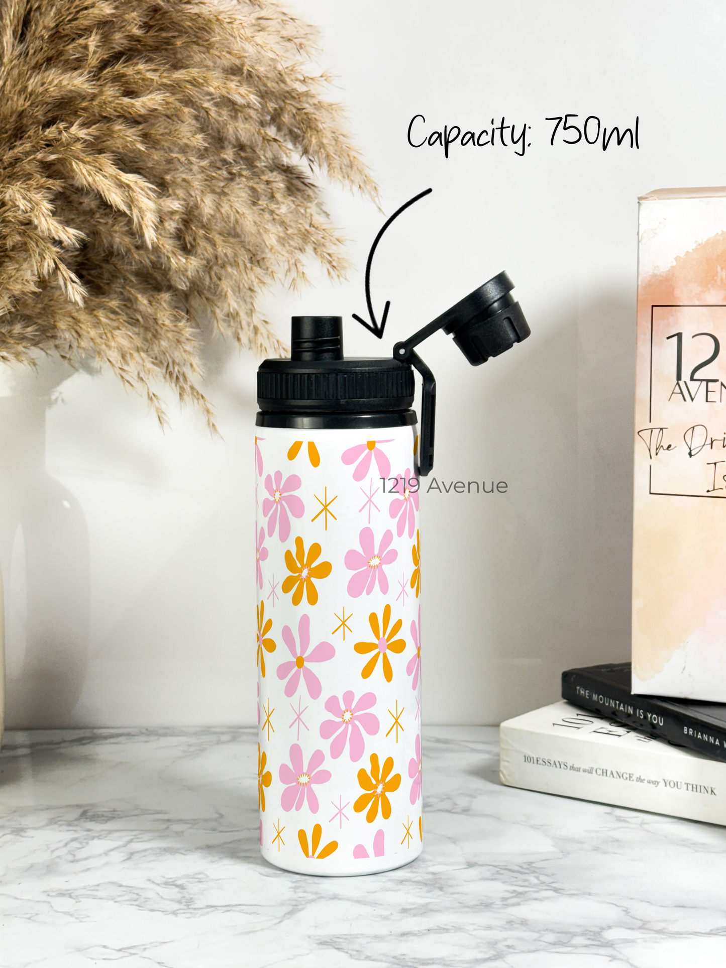 700ml Printed TANK-Sip Water Bottle | Dreamy Flower Valley Print | For Office, School, Sports | Sipper Bottle with Carry Hook, Durable & Stylish