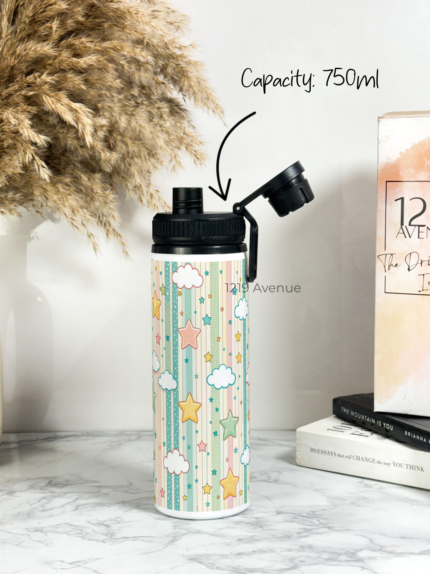 700ml Printed TANK-Sip Water Bottle | Abstract Clouds Star Print | For Office, School, Sports | Sipper Bottle with Carry Hook, Durable & Stylish