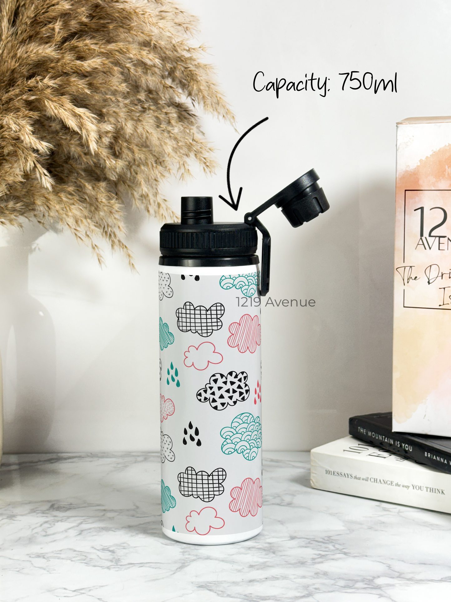 700ml Printed TANK-Sip Water Bottle | Clouds Sketch Print | For Office, School, Sports | Sipper Bottle with Carry Hook, Durable & Stylish