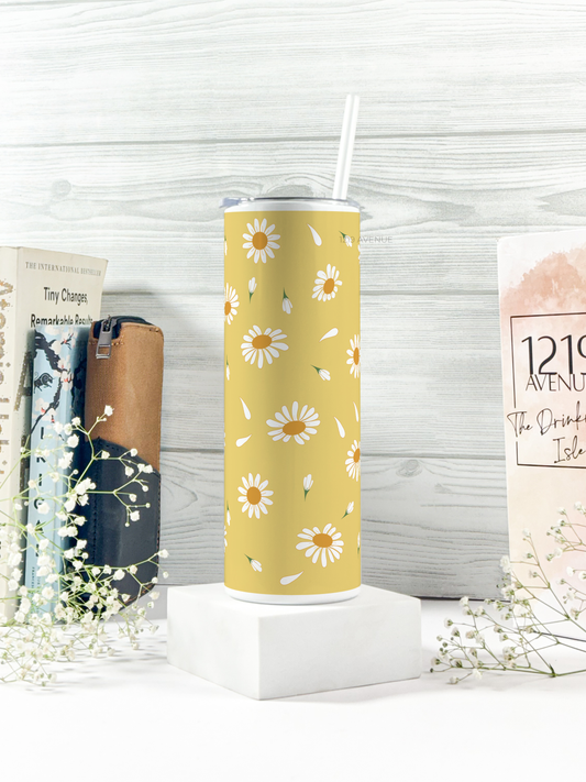 Colossal Tumbler 700ml with Straw | Meadow of Daisy Print| Double Walled Insulated Tumbler 7-8 hrs