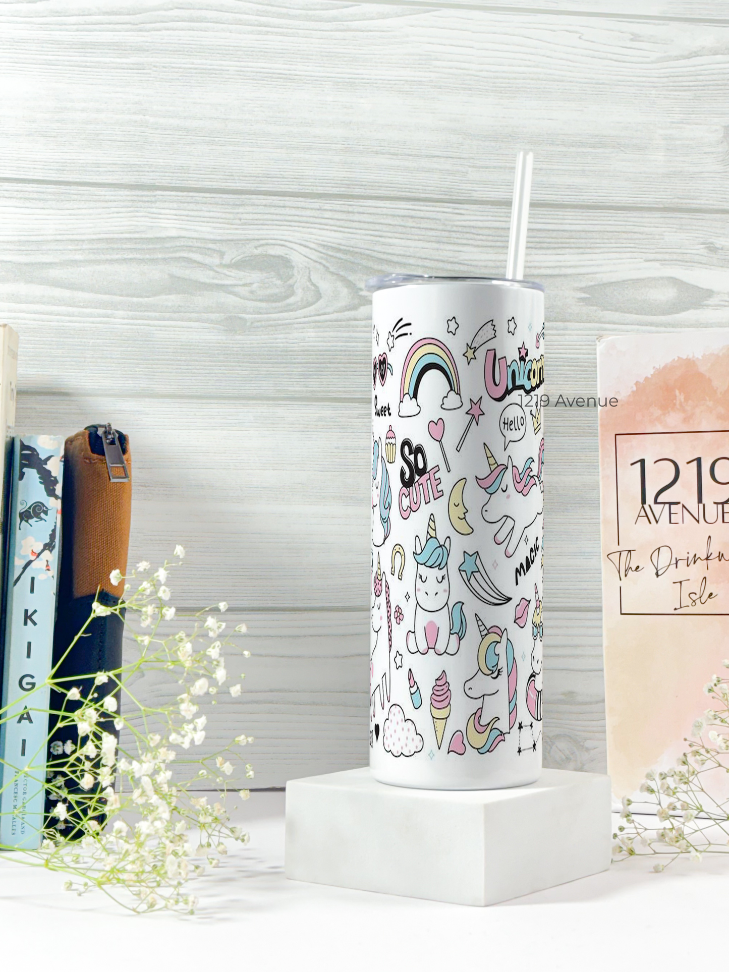 Colossal Tumbler 750ML with straw | Doodly Unicorn Print |Double Walled Insulated Tumbler