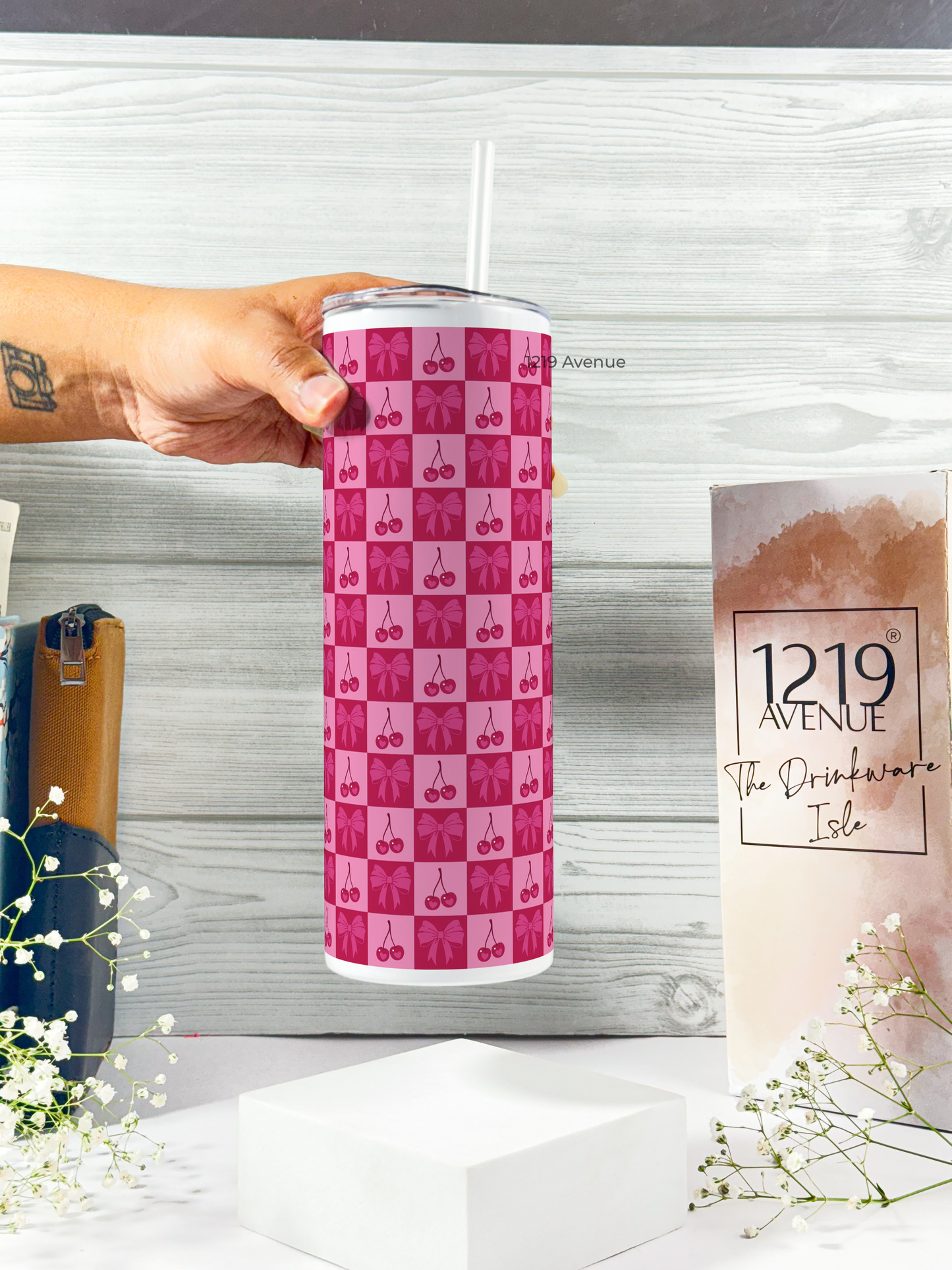 Colossal Tumbler 700ML with Straw | Cherry Print |Double Walled Insulated Tumbler 7-8 hrs