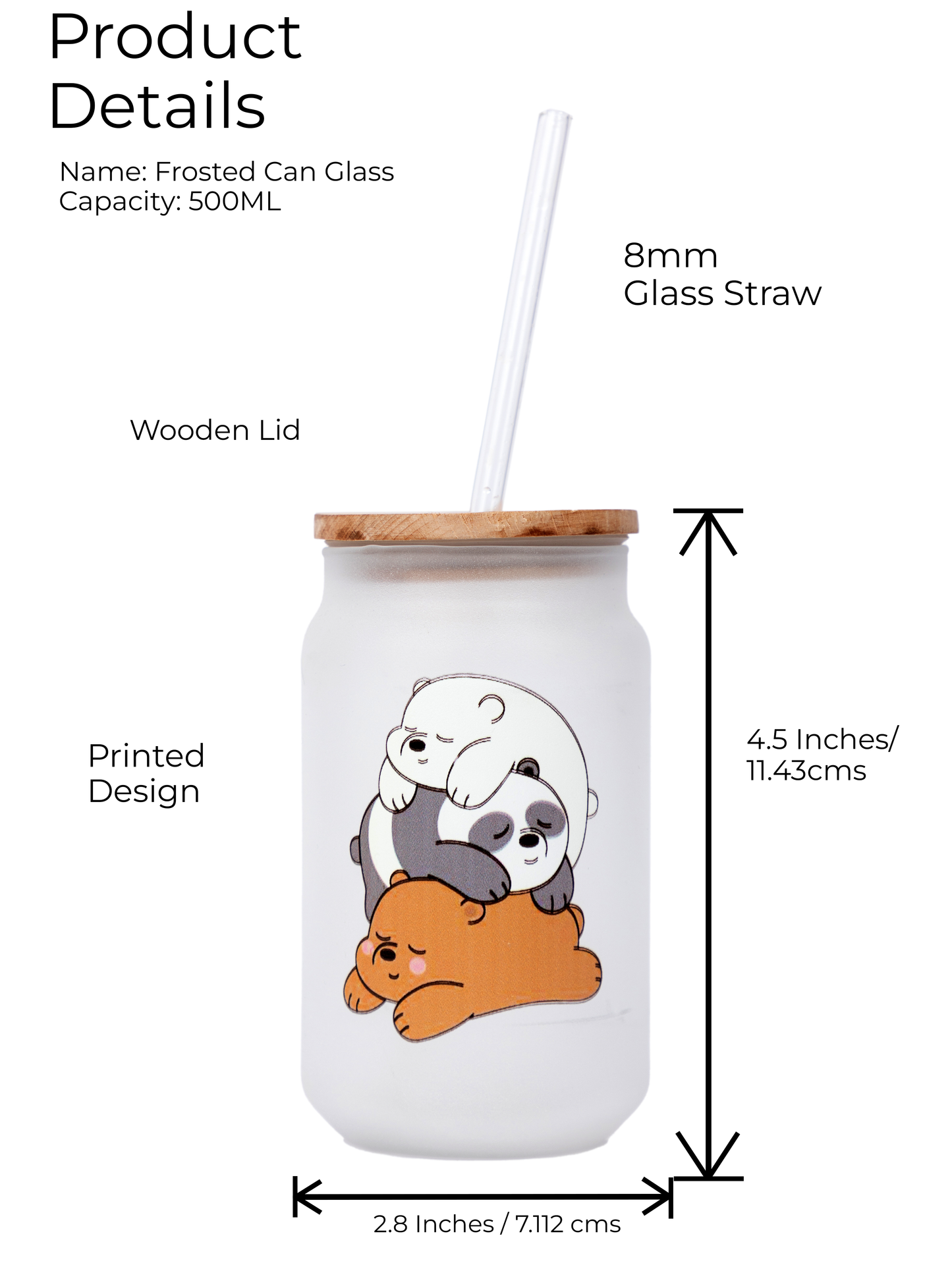 Frosted Can Shaped Sipper 500ml |Bare Bears Print| 17oz Can Tumbler with Straw and Lid