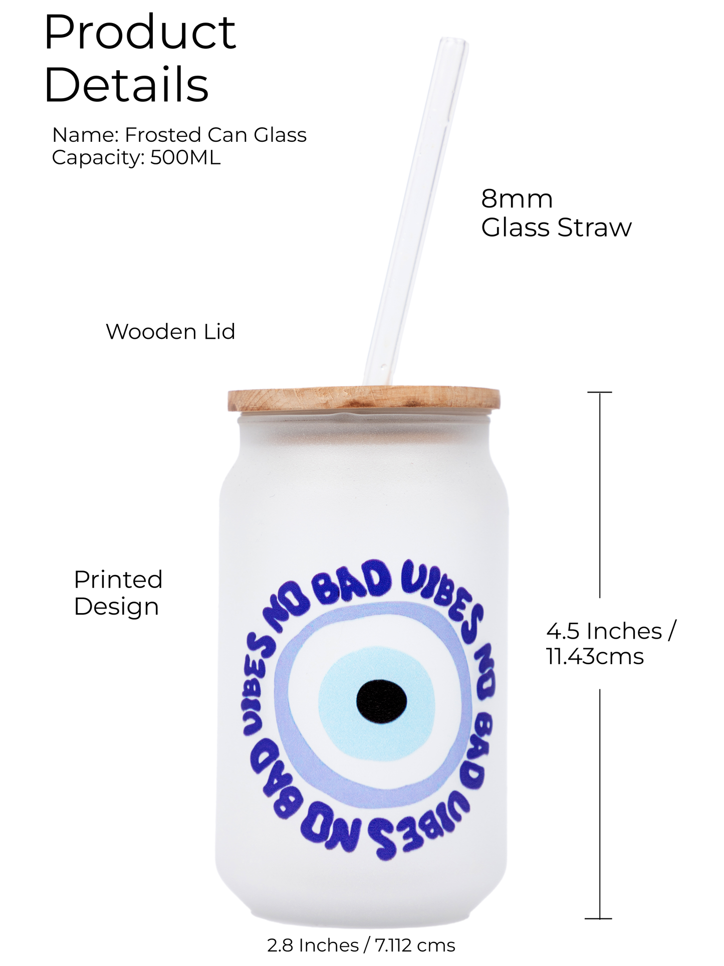 Frosted Can Shaped Sipper 500ml | No Bad Vibes Evil Eyes Print| 17oz Can Tumbler with Straw and Lid