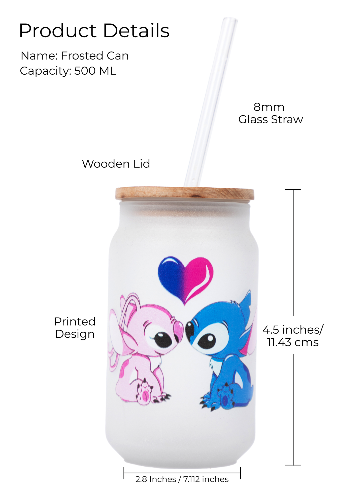 Frosted Can Shaped Sipper 500ml|Stich and Angel Print| 16oz Can tumbler with Straw and Lid