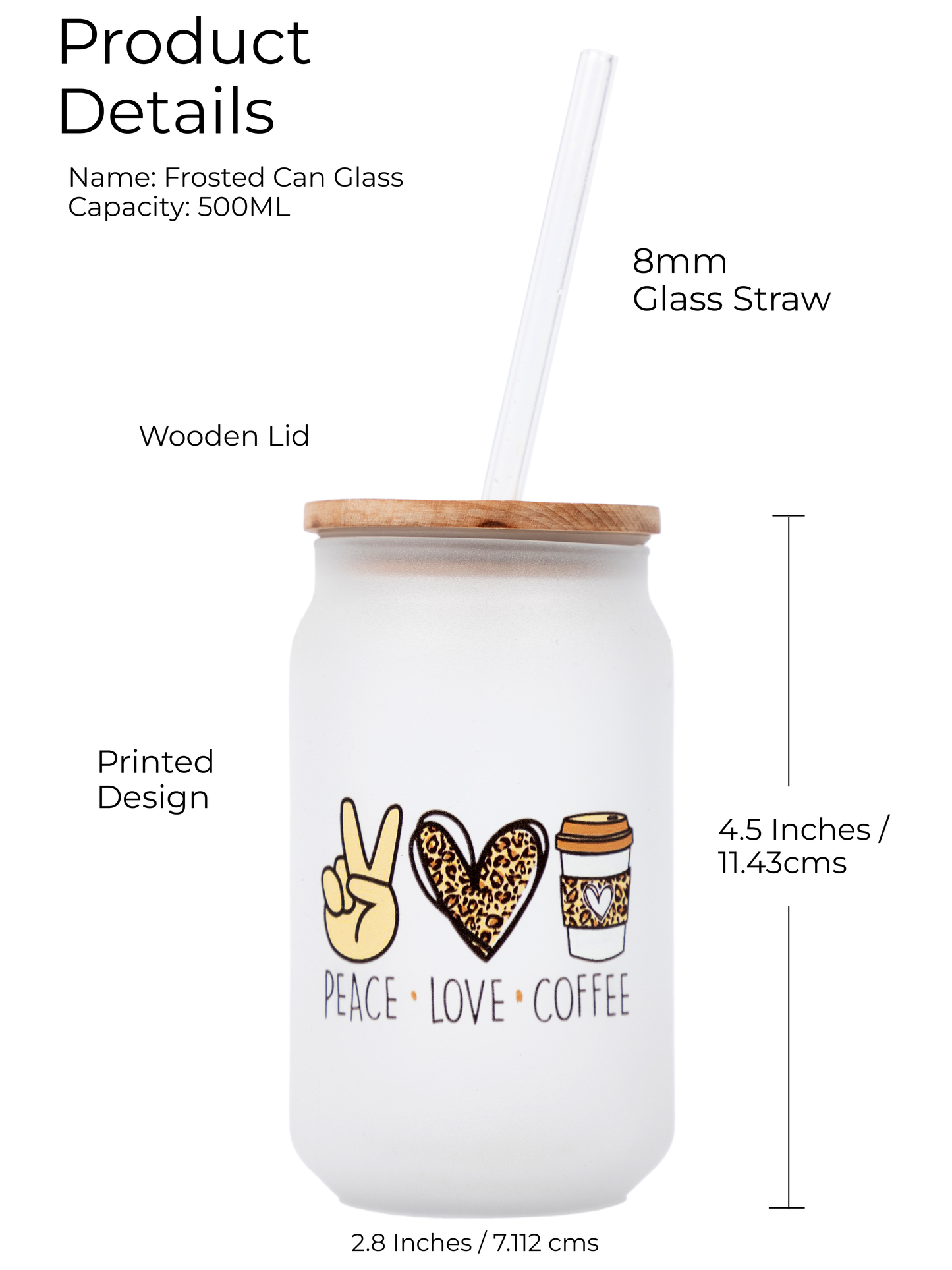 Frosted Can Shaped Sipper 500ml |Peace Love Coffee Print| 17oz Can Tumbler with Straw and Lid