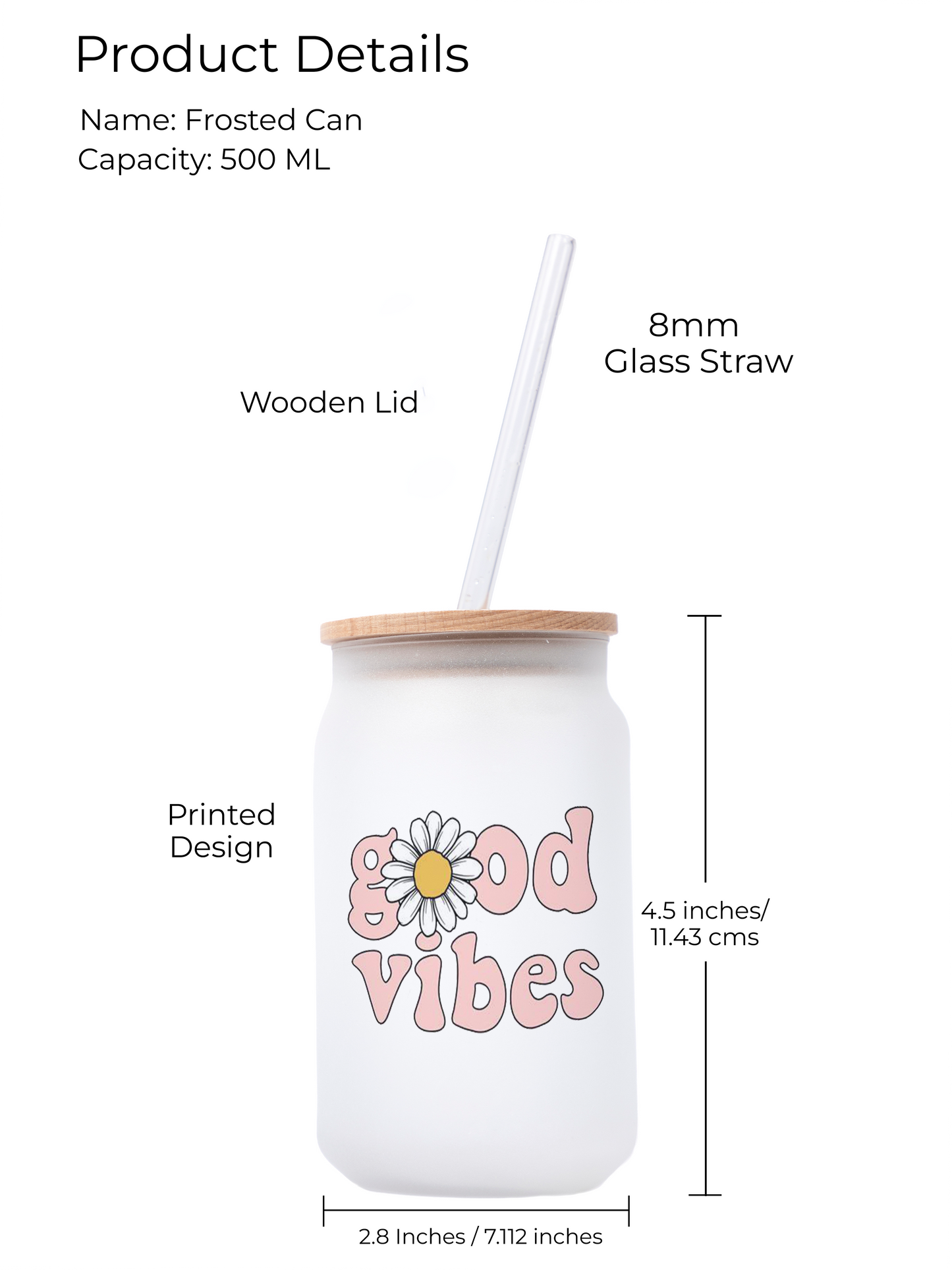 Frosted Can Shaped Sipper 500ml| Good Vibes Print| 17oz Can Tumbler with Lid and Straw