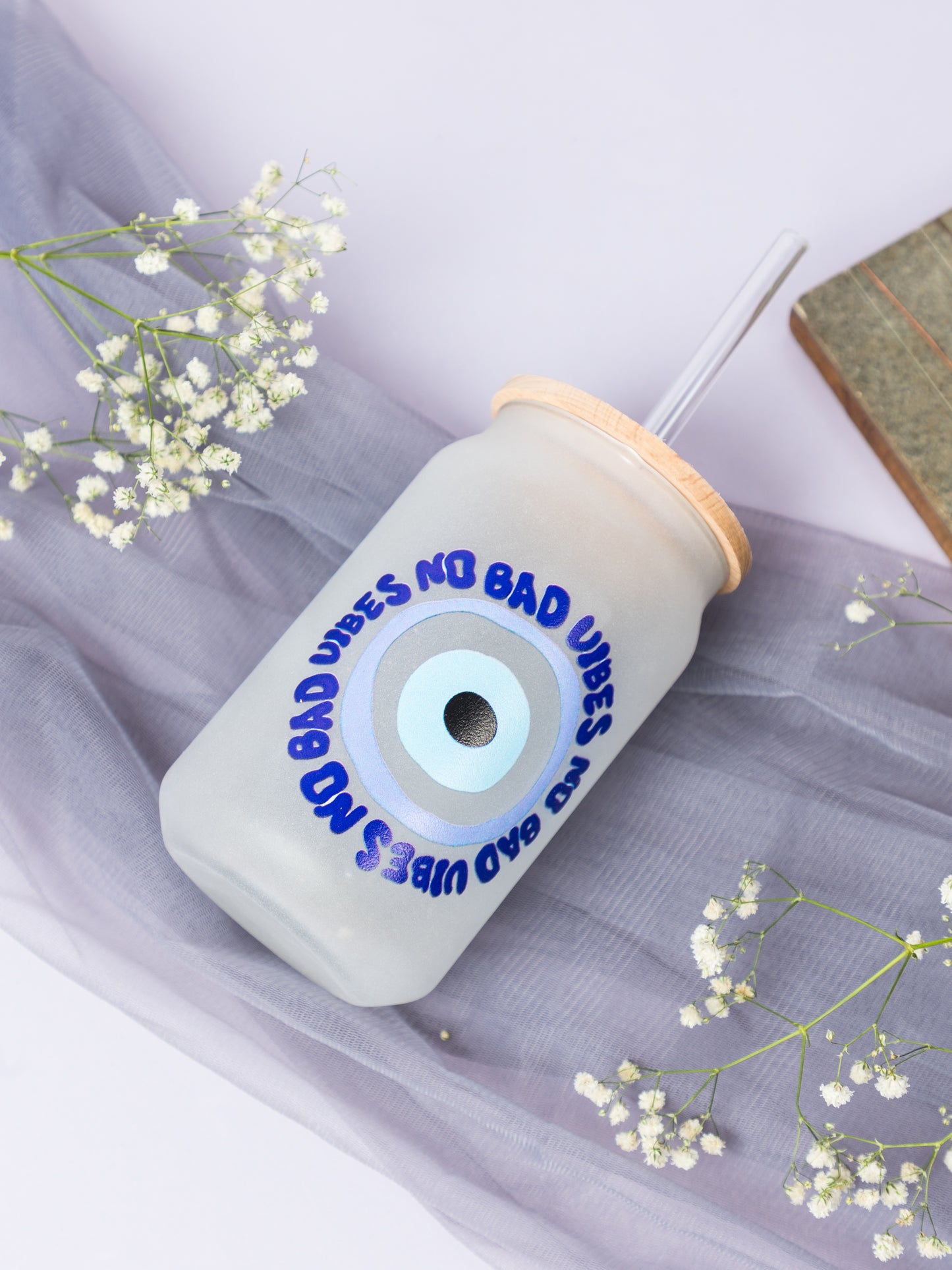 Frosted Can Shaped Sipper 500ml | No Bad Vibes Evil Eyes Print| 17oz Can Tumbler with Straw and Lid