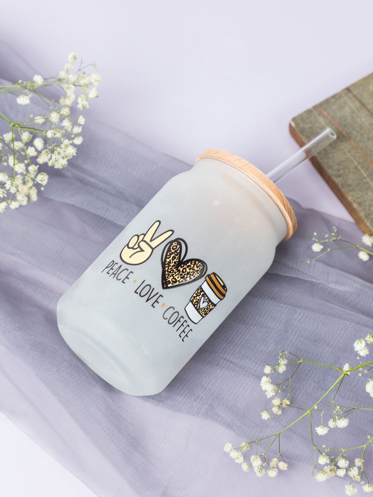 Frosted Can Shaped Sipper 500ml |Peace Love Coffee Print| 17oz Can Tumbler with Straw and Lid