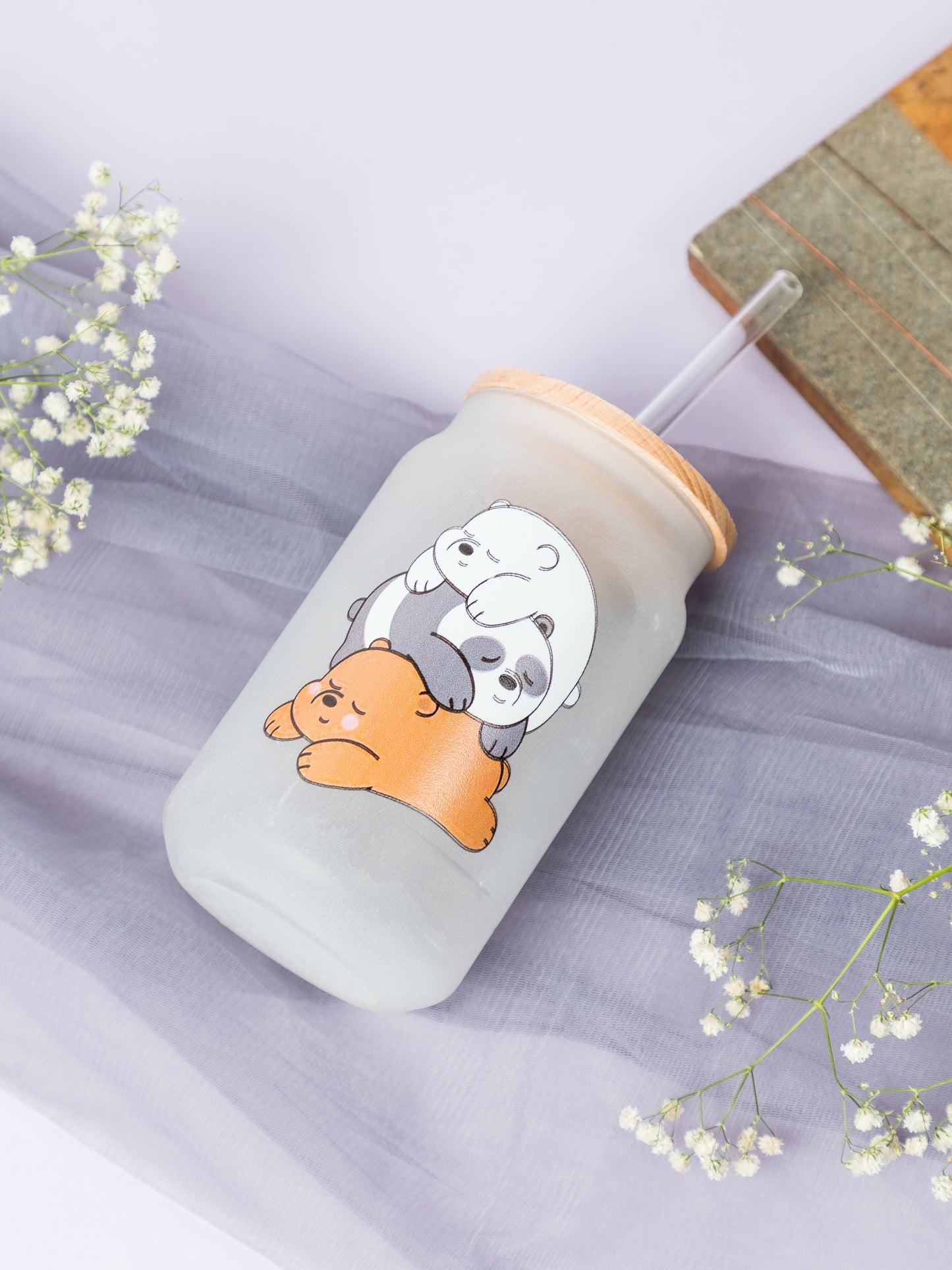 Frosted Can Shaped Sipper 500ml |Bare Bears Print| 17oz Can Tumbler with Straw and Lid
