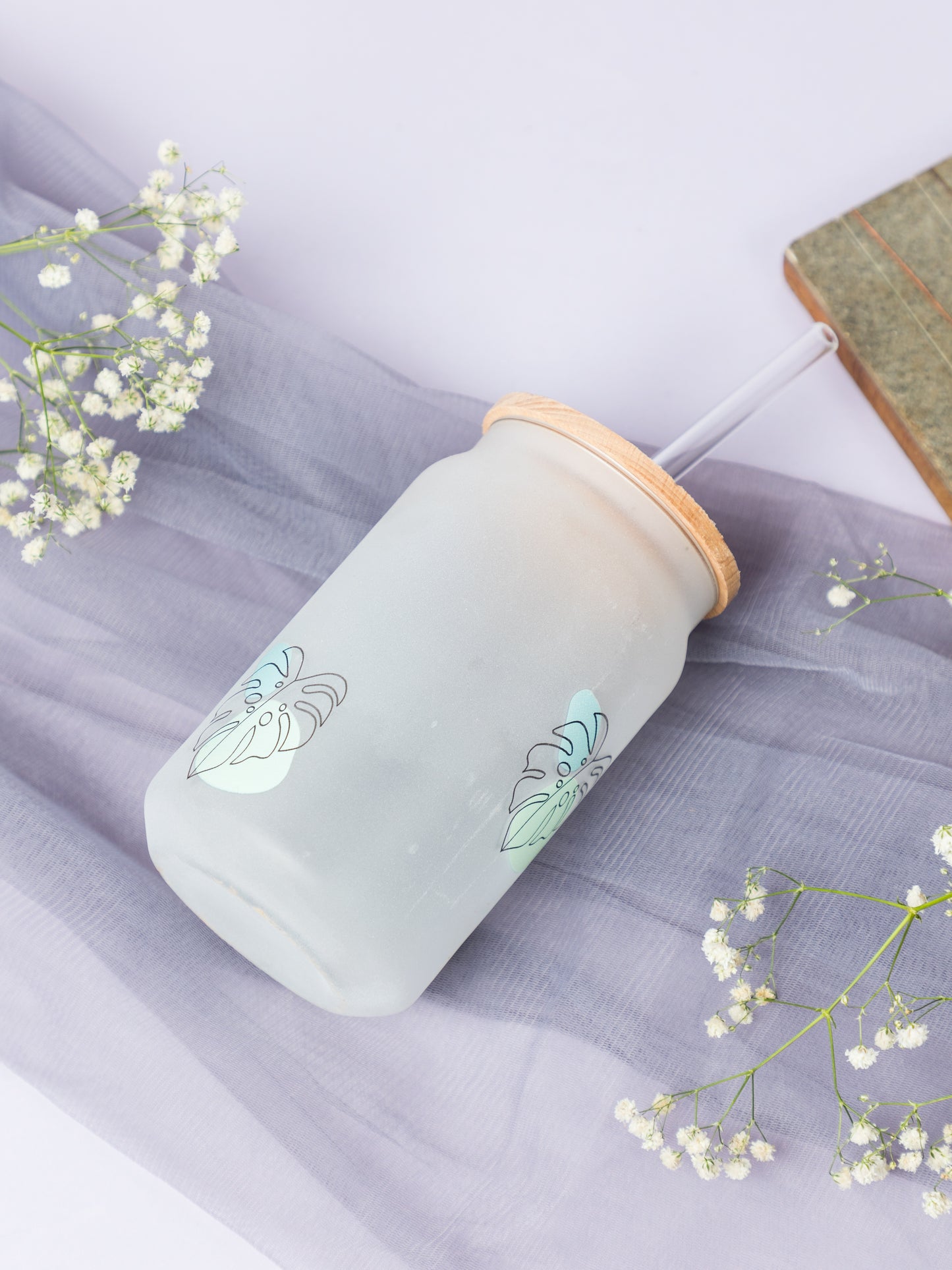 Frosted Can Shaped Sipper 500ml |Monstera All Over Print| 17oz Can Tumbler with Straw and Lid