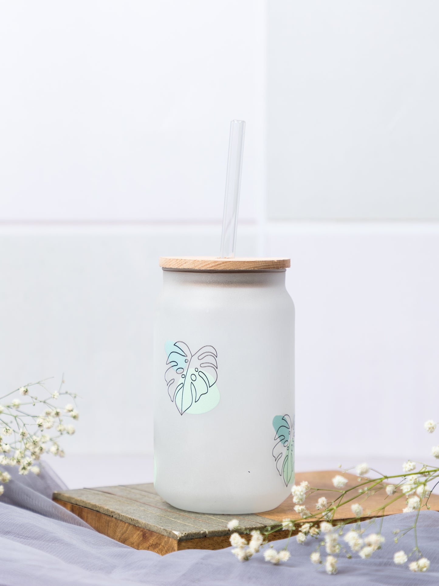 Frosted Can Shaped Sipper 500ml |Monstera All Over Print| 17oz Can Tumbler with Straw and Lid