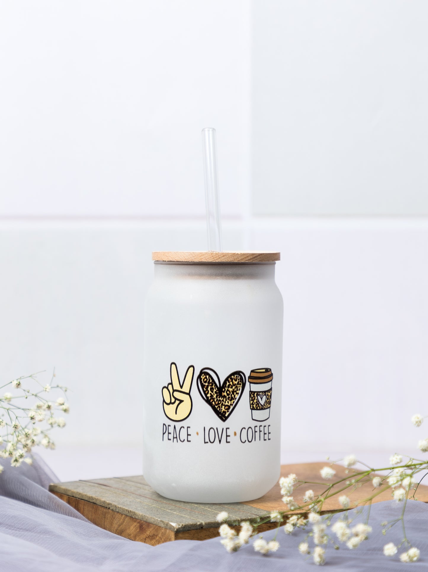 Frosted Can Shaped Sipper 500ml |Peace Love Coffee Print| 17oz Can Tumbler with Straw and Lid