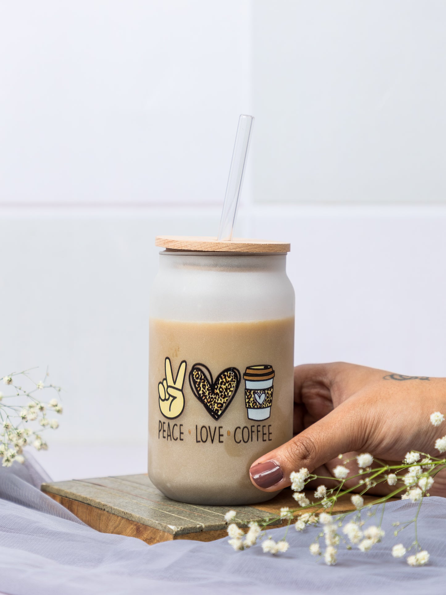 Frosted Can Shaped Sipper 500ml |Peace Love Coffee Print| 17oz Can Tumbler with Straw and Lid