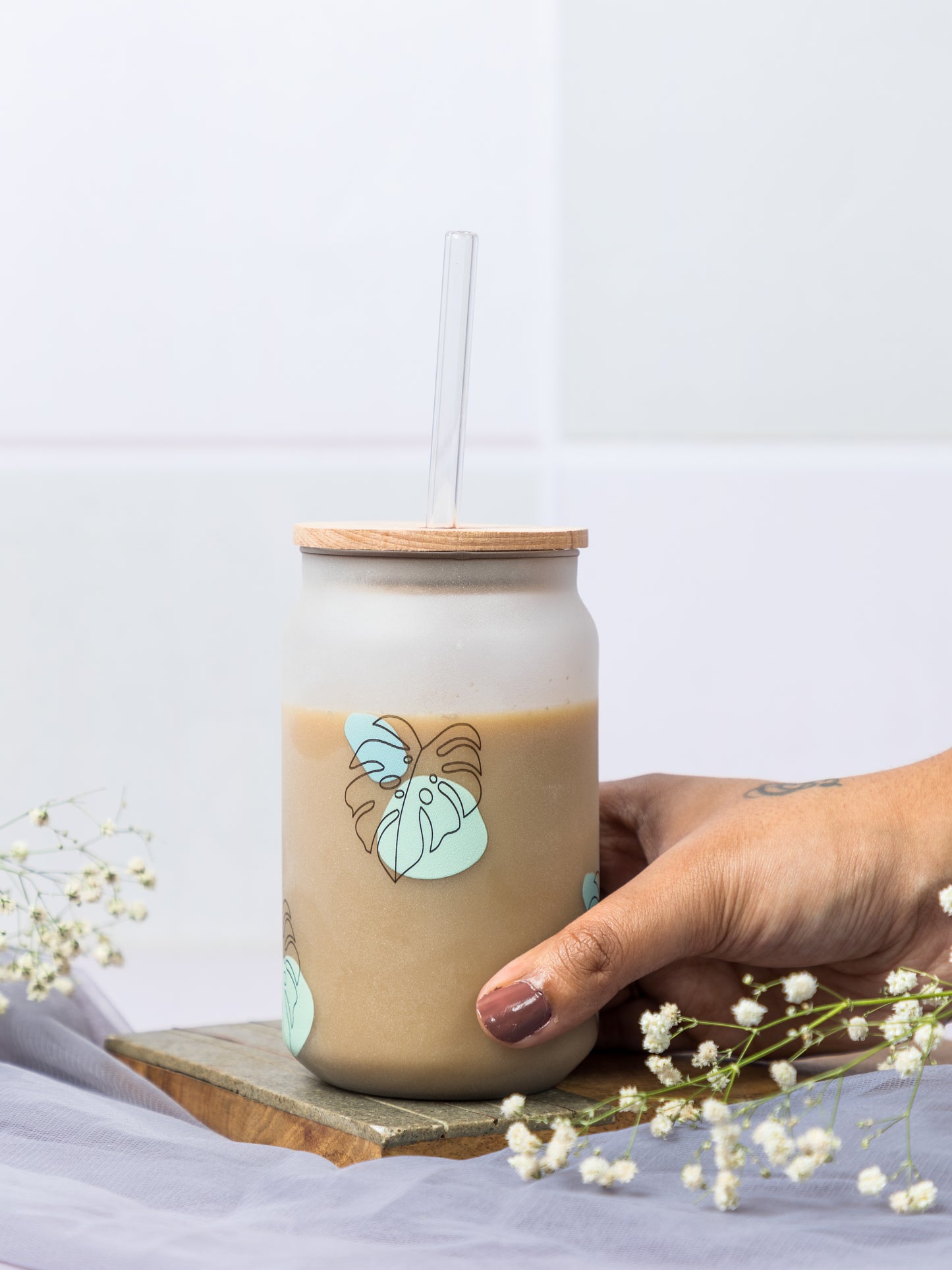 Frosted Can Shaped Sipper 500ml |Monstera All Over Print| 17oz Can Tumbler with Straw and Lid