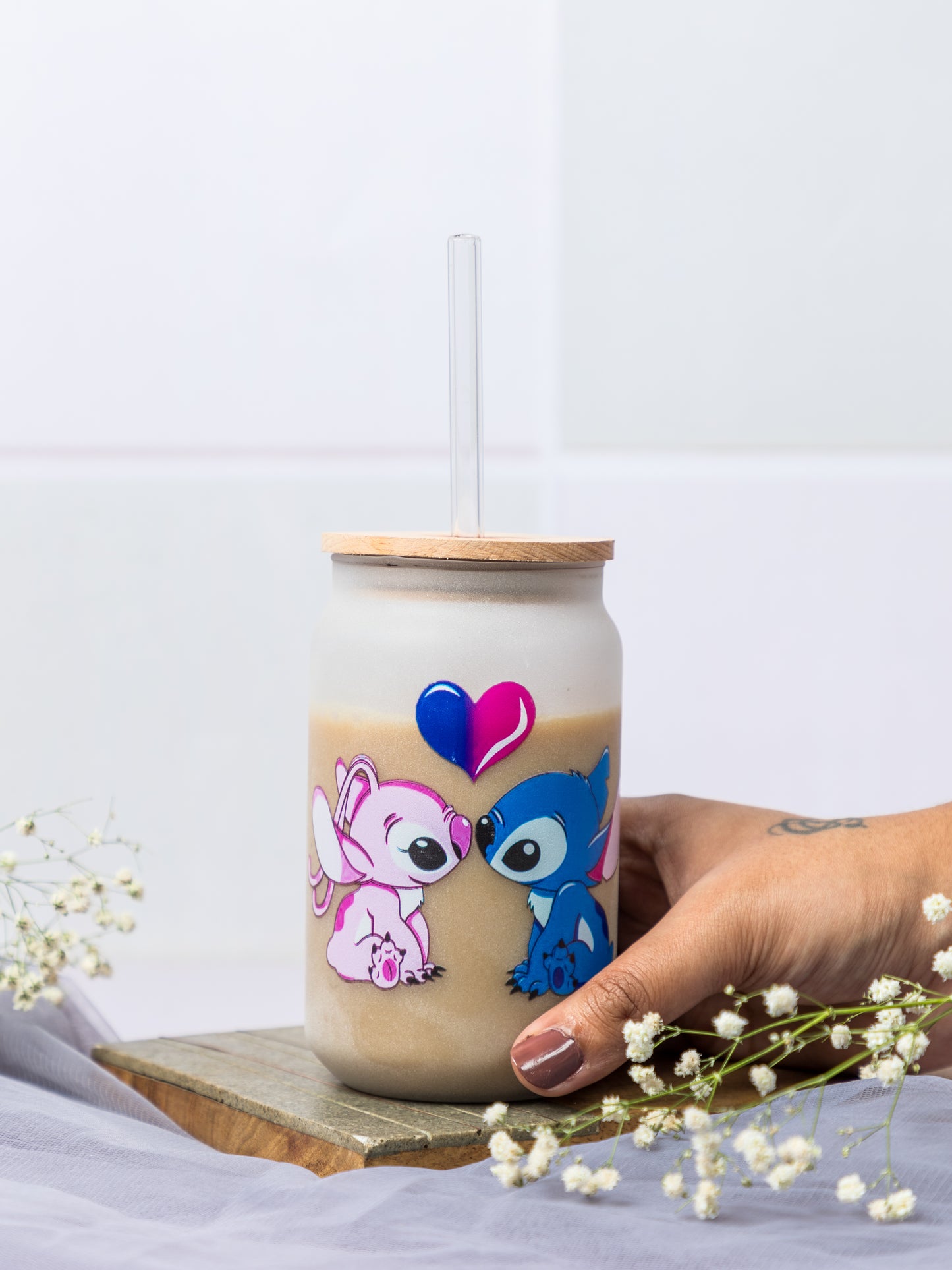 Frosted Can Shaped Sipper 500ml|Stich and Angel Print| 16oz Can tumbler with Straw and Lid