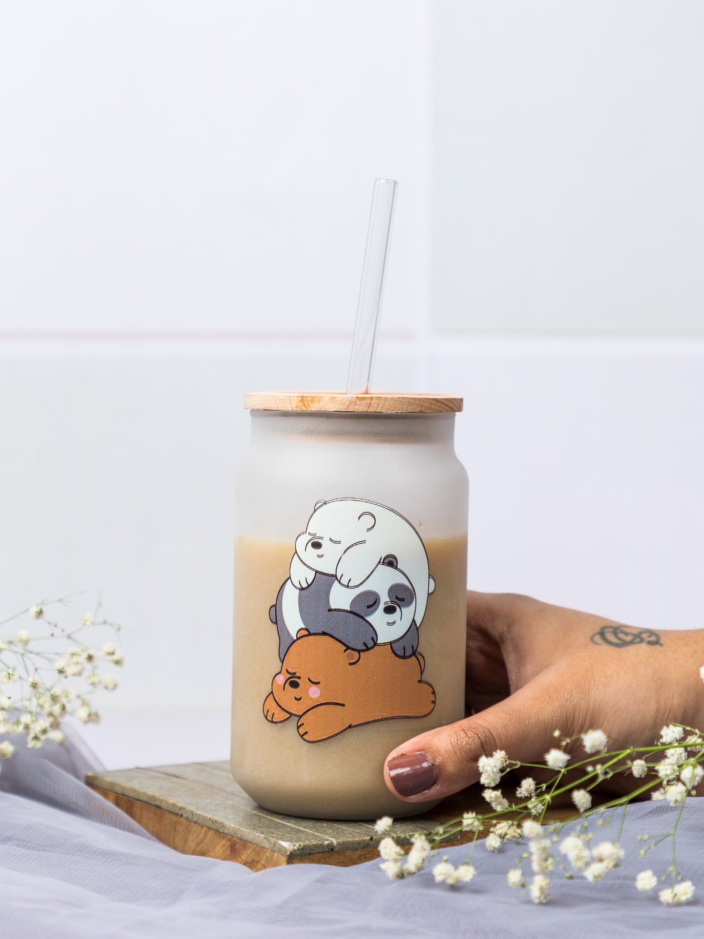 Frosted Can Shaped Sipper 500ml |Bare Bears Print| 17oz Can Tumbler with Straw and Lid