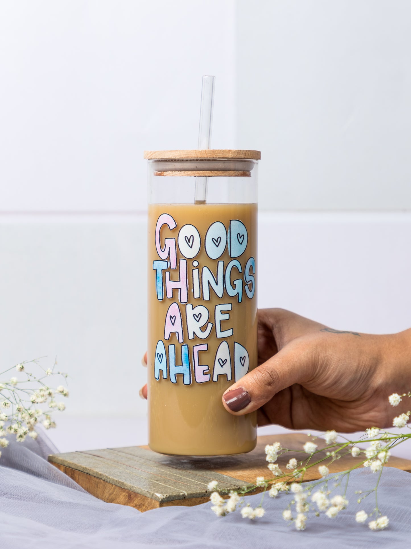 Grande Sipper 650ml| Good Things Are Ahead Print| 22 oz Coffee Tumbler with Straw and Lid