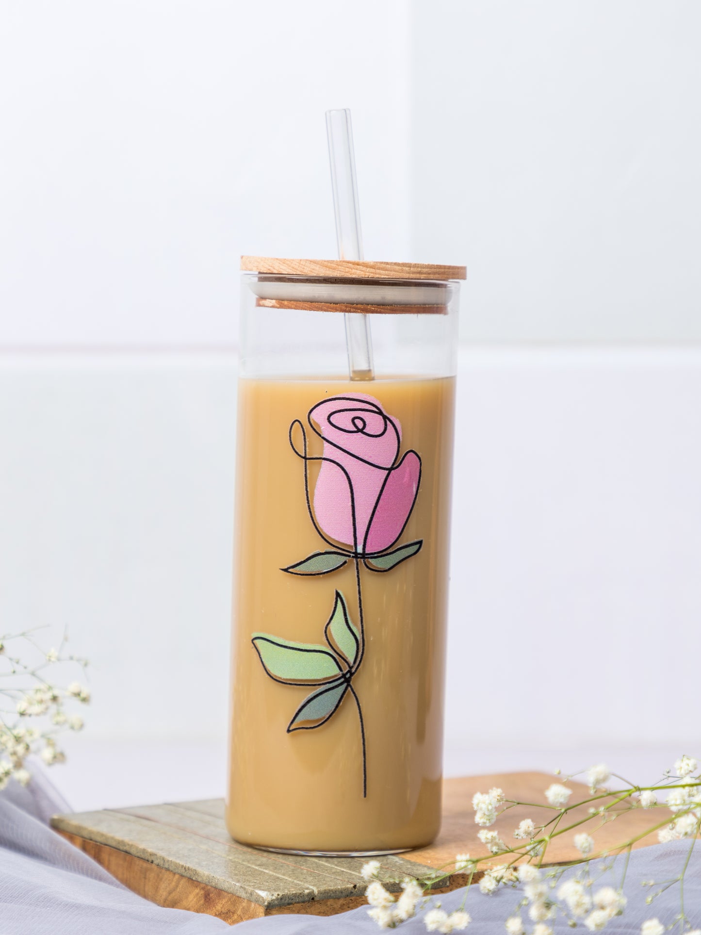 Grande Sipper 650ml| Minimalistic Rose Print| 22 oz Coffee Tumbler with Straw and Lid