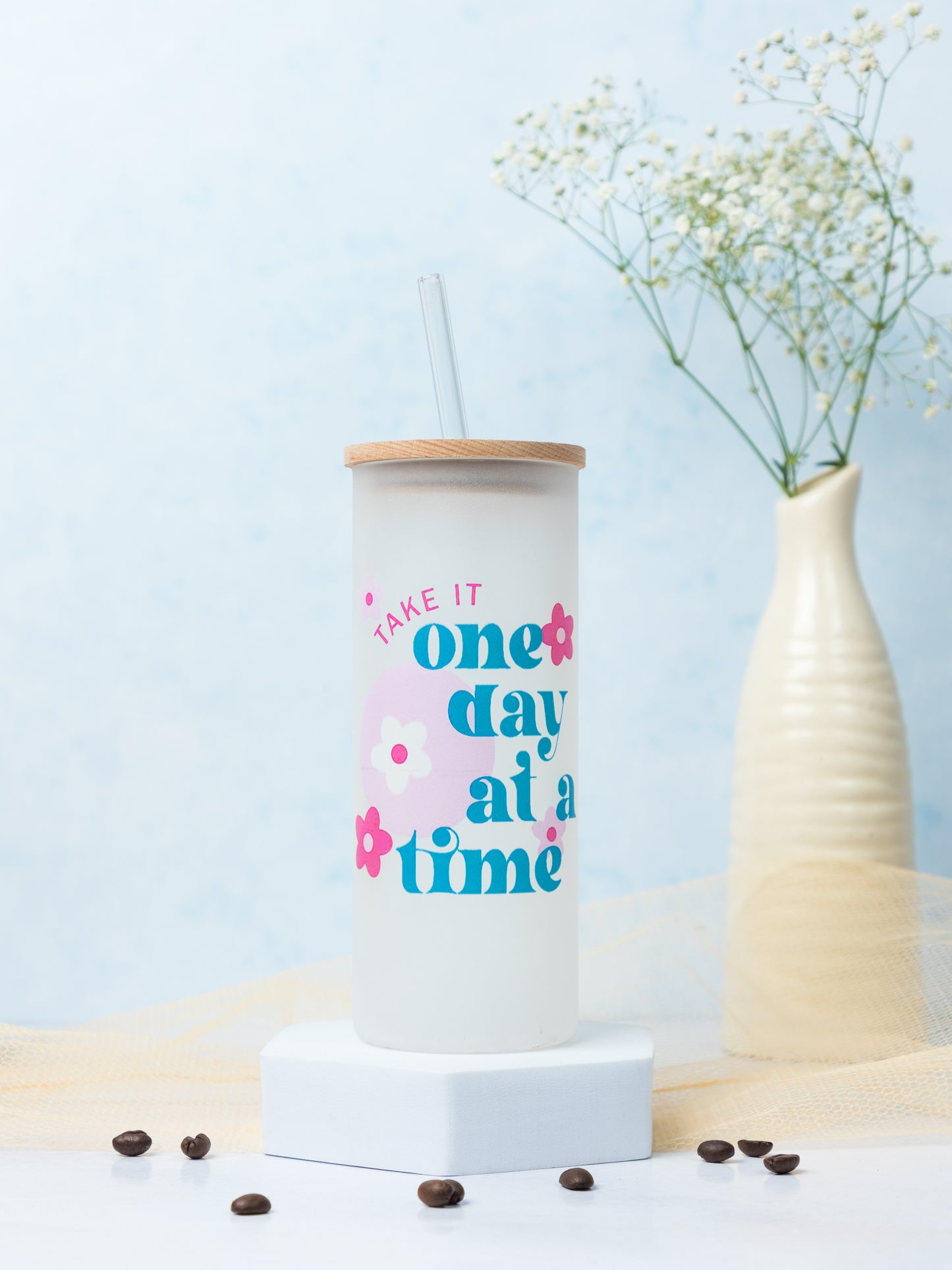Frosted Grande Sipper 650ml| Take It One Day At Time Print| 20oz Tall Tumbler with lid and straw