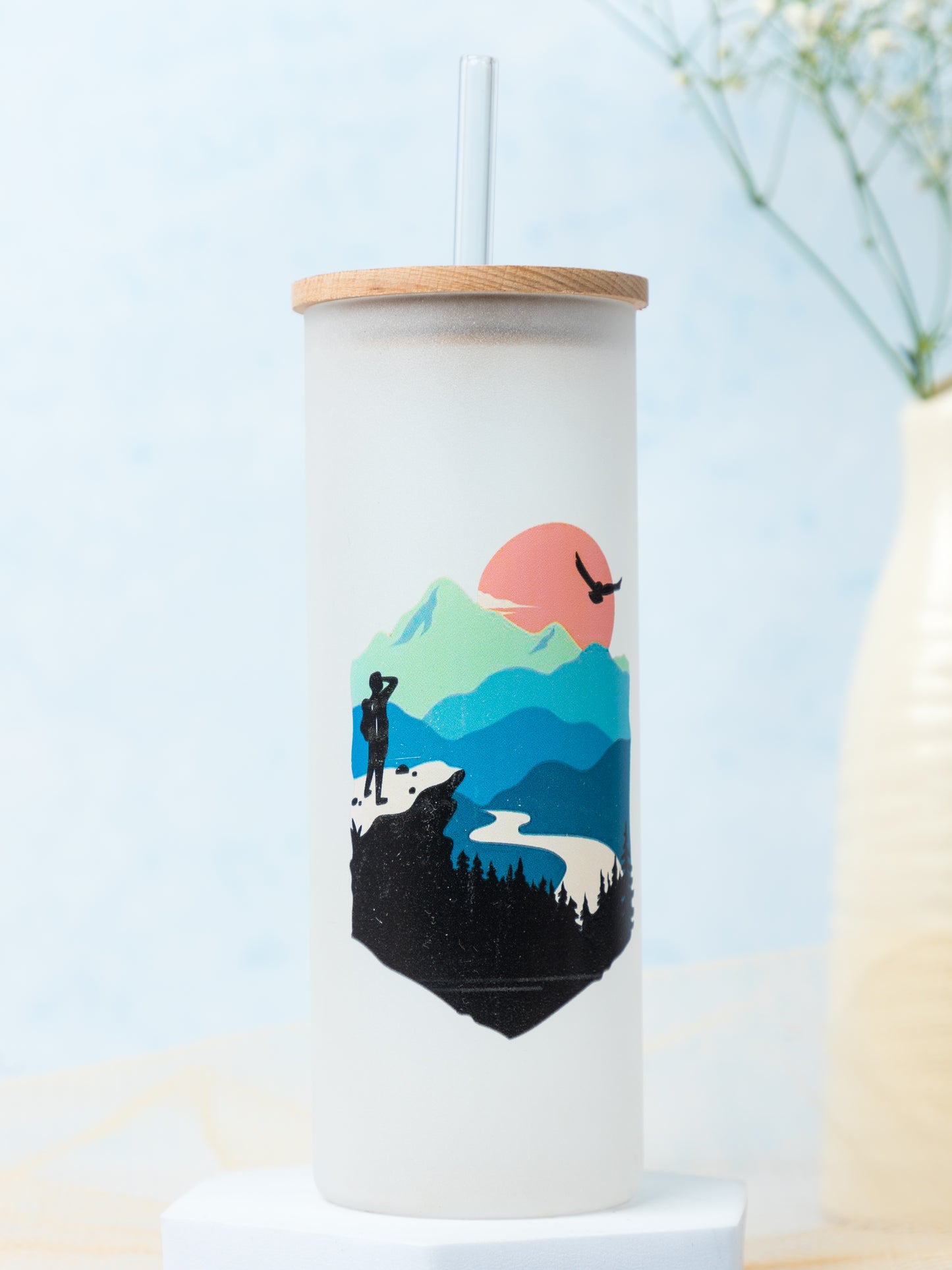 Frosted Grande Sipper 650ml| Heart In Mountain Print| 20oz Tall Tumbler with Straw and Lid